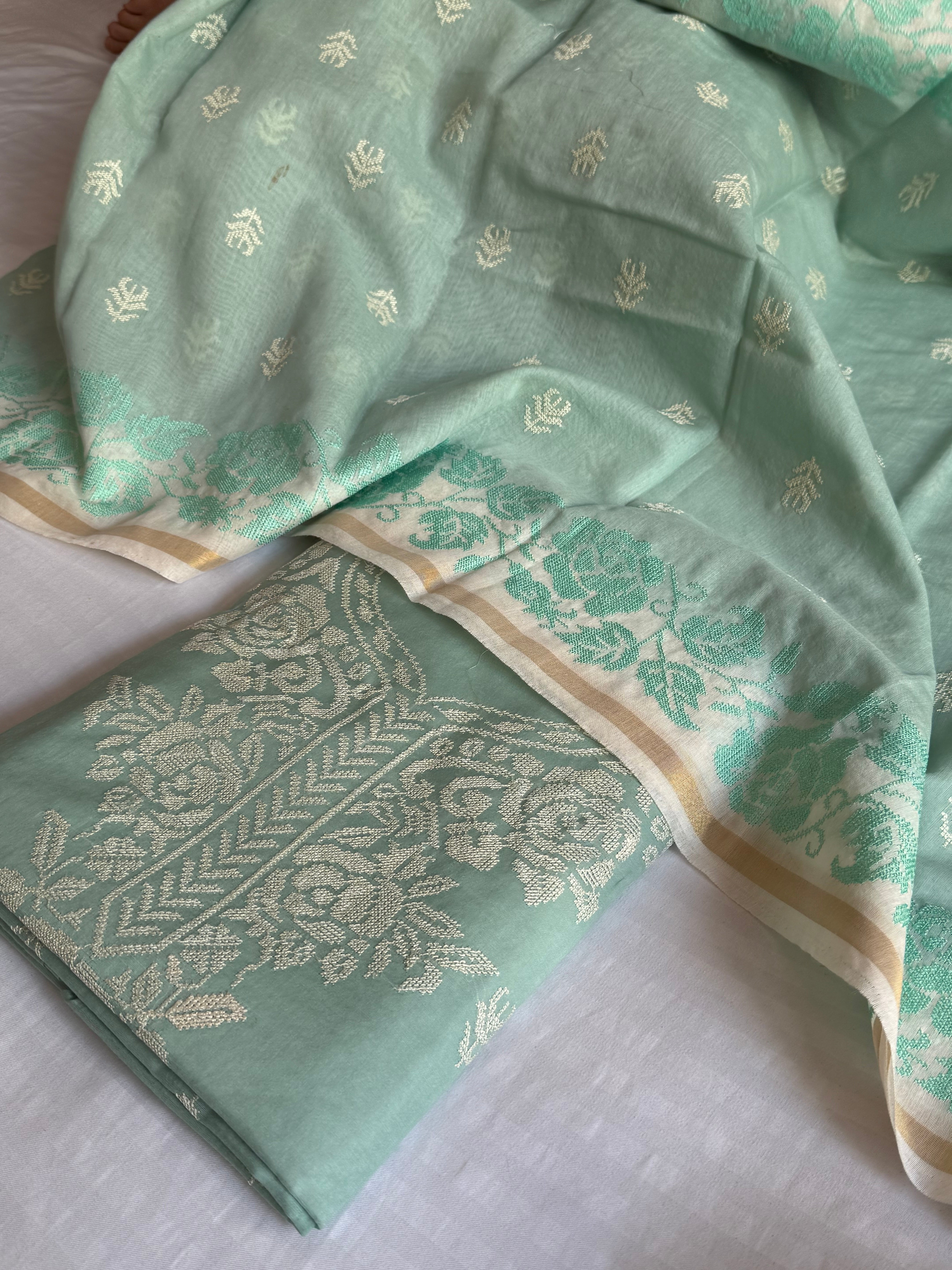 Fresh aqua green mul cotton cross-stitch hand embroidered suit set