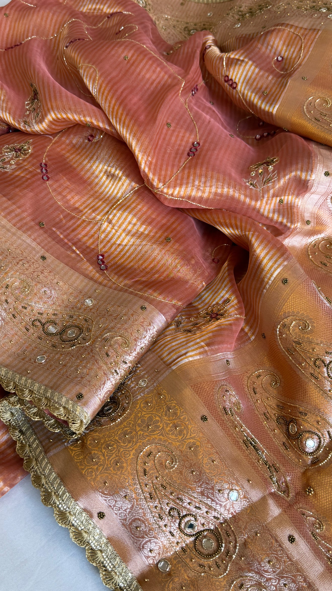 Begum bano Mirror work ambi motif peach striped tissue silk hand embroidered saree