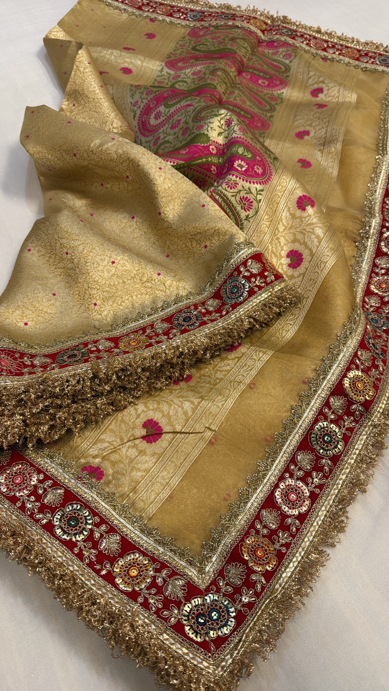 Golden tissue brocade meenakari heavy tissue silk kadhwa saree