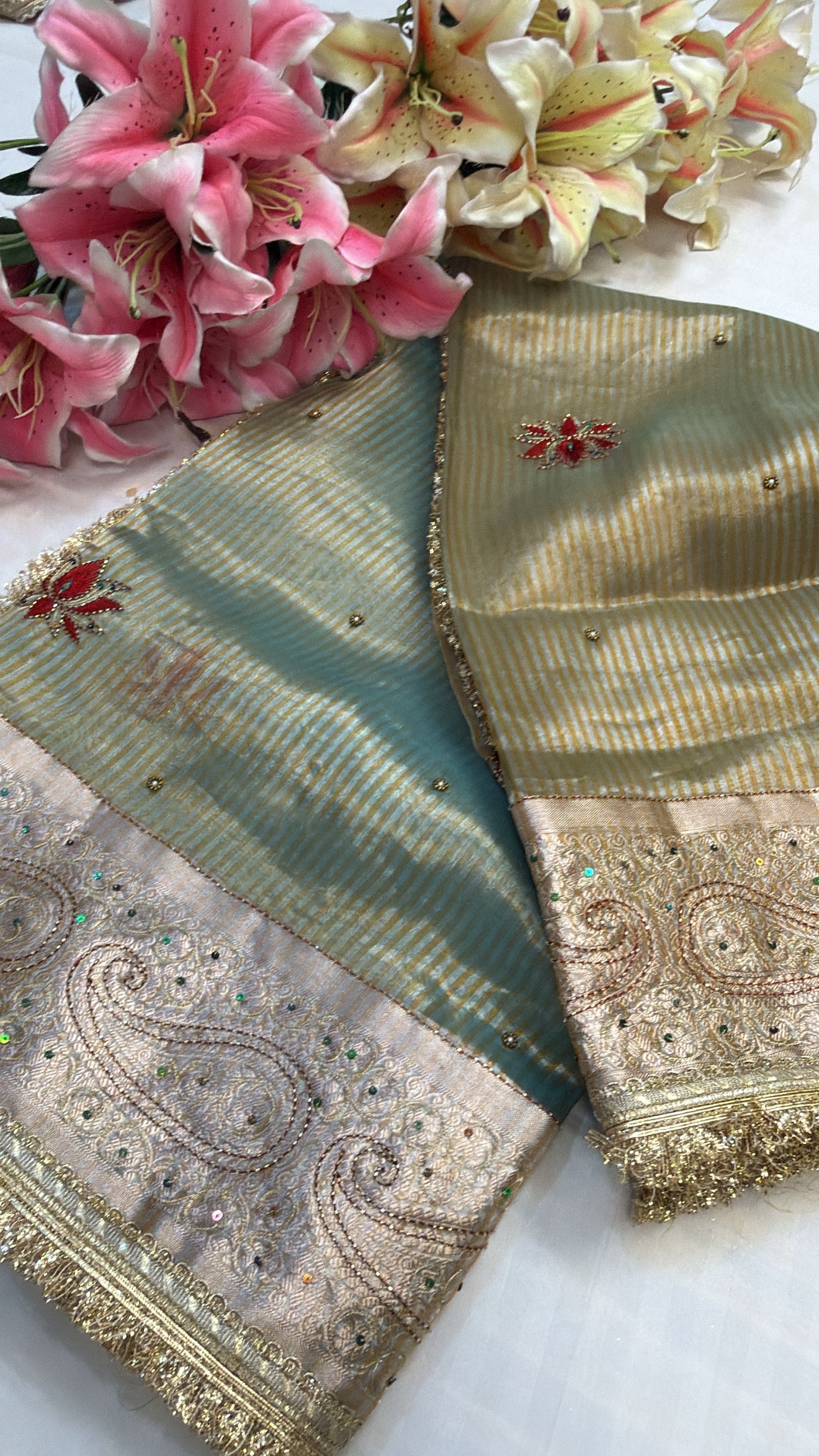 Sea green-moss green ombre shaded tissue silk hand embroidered kadhwa saree