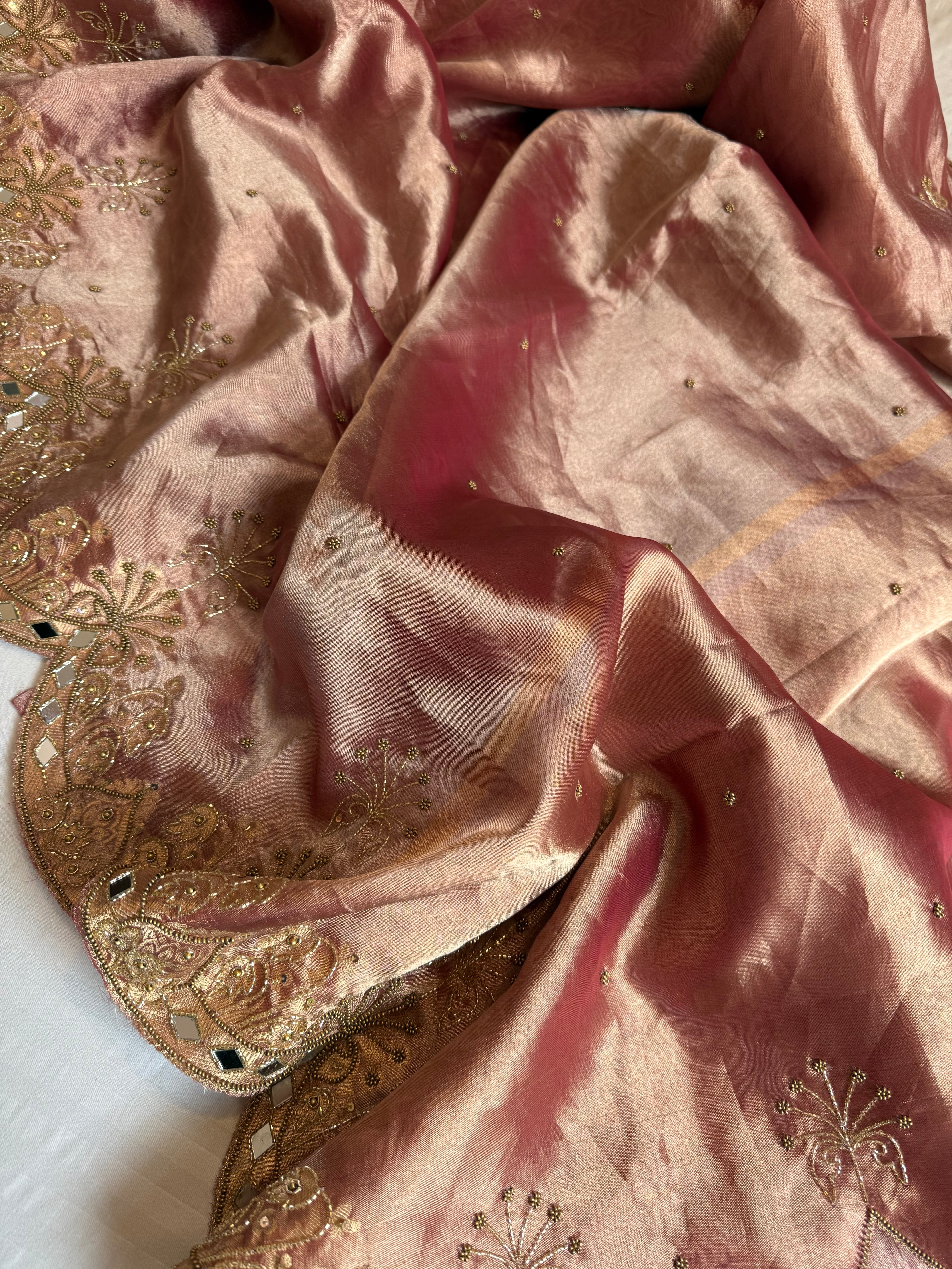 Husn cherry pink tissue silk heavy hand embroidered kadhwa saree