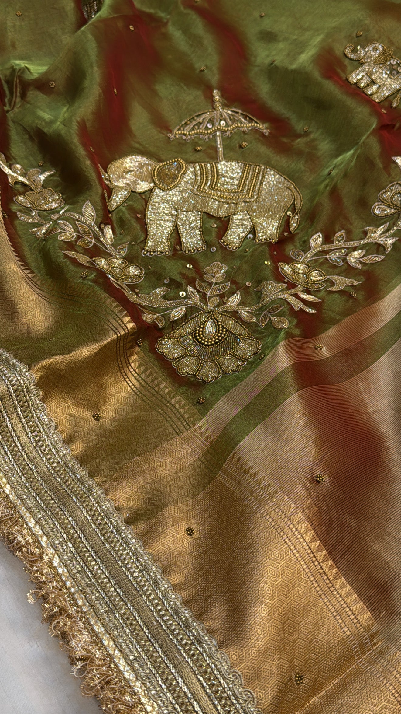 Wedding edit - Husn mehendi green elephant motif tissue silk hand embroidered saree