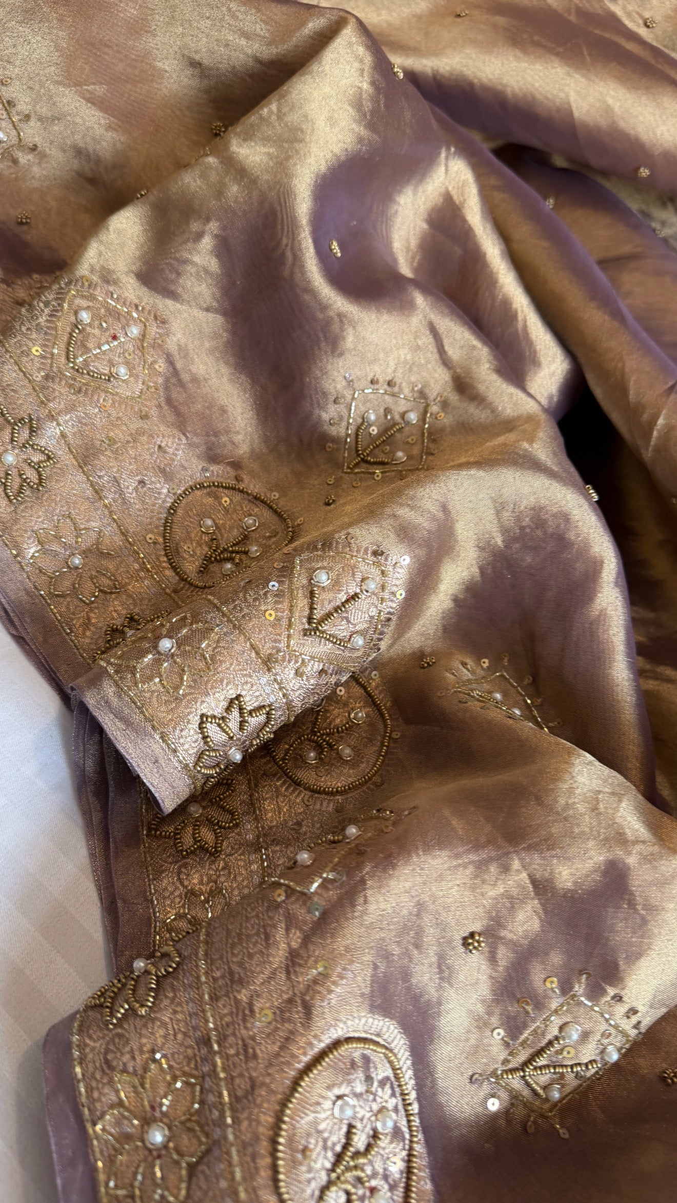 Husn dusty lilac tissue silk heavy hand embroidered saree