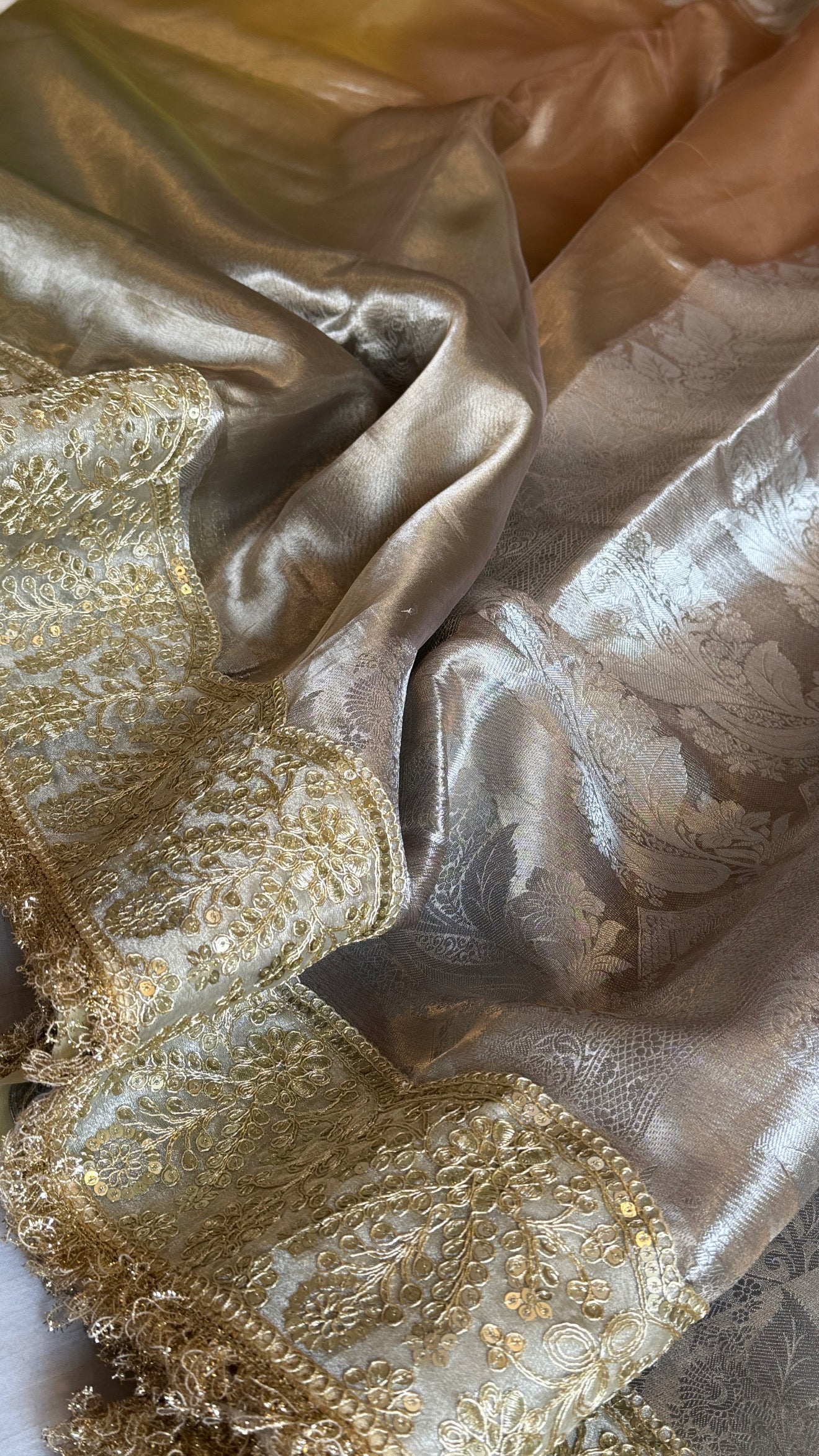 Earthy shades of rang birangi maharani tissue silk kadhwa saree