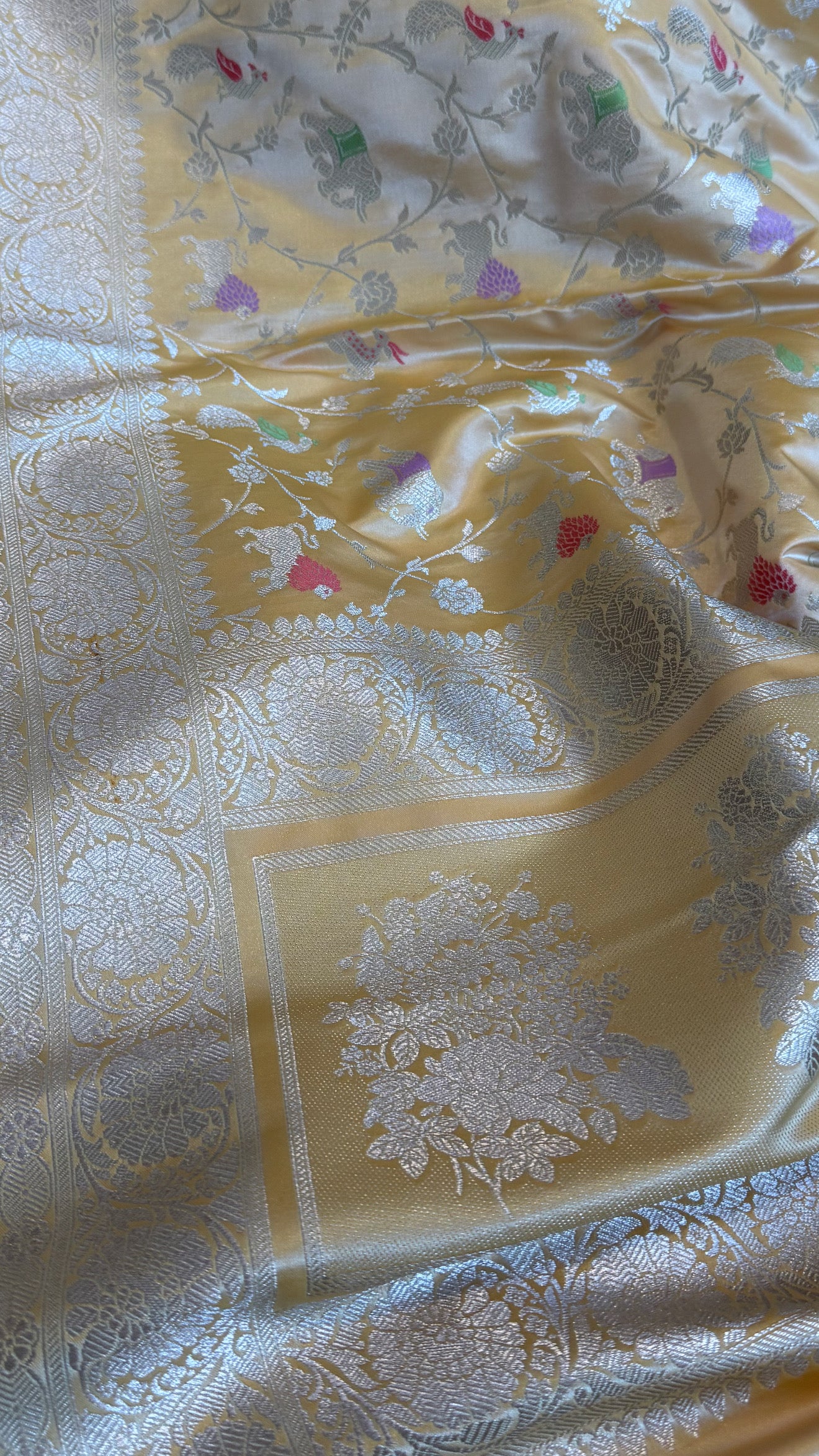 Butter yellow mashru satin silk shikargah motif Banarasi suit set