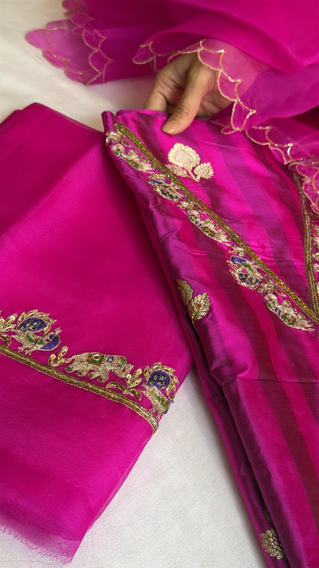 Hot pink-fuschia pink dhup chao effect katan silk striped kurta paired with Kora silk scalloped duppata set