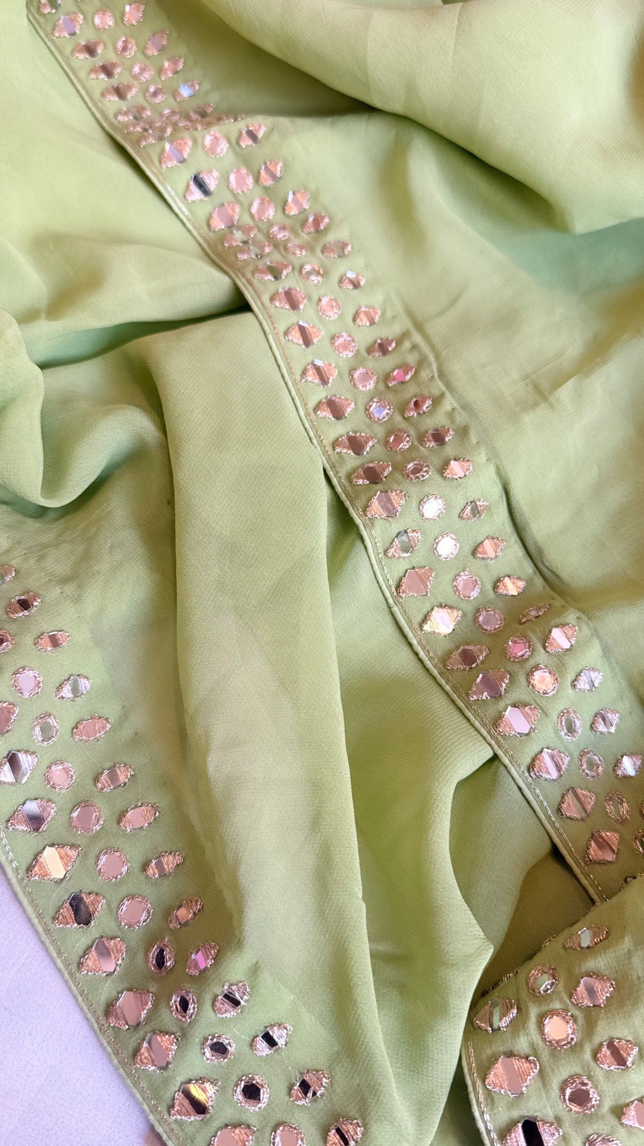 Mother’s Day offer - Candy green chiffon gorgette mirrorwork hand embroidered sarees