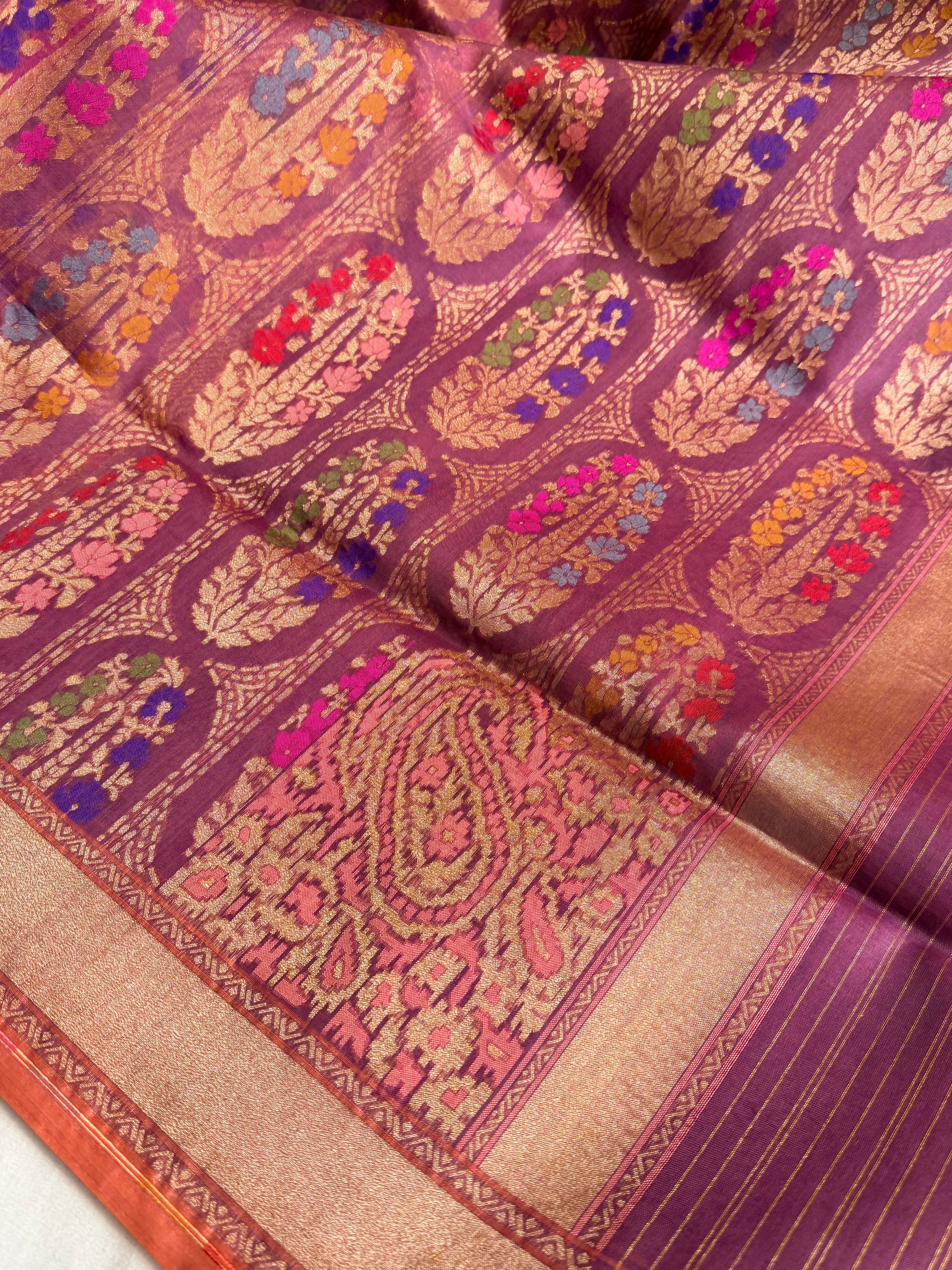 Banarasi kora silk net lavender iktara jamdani kadhwa saree
