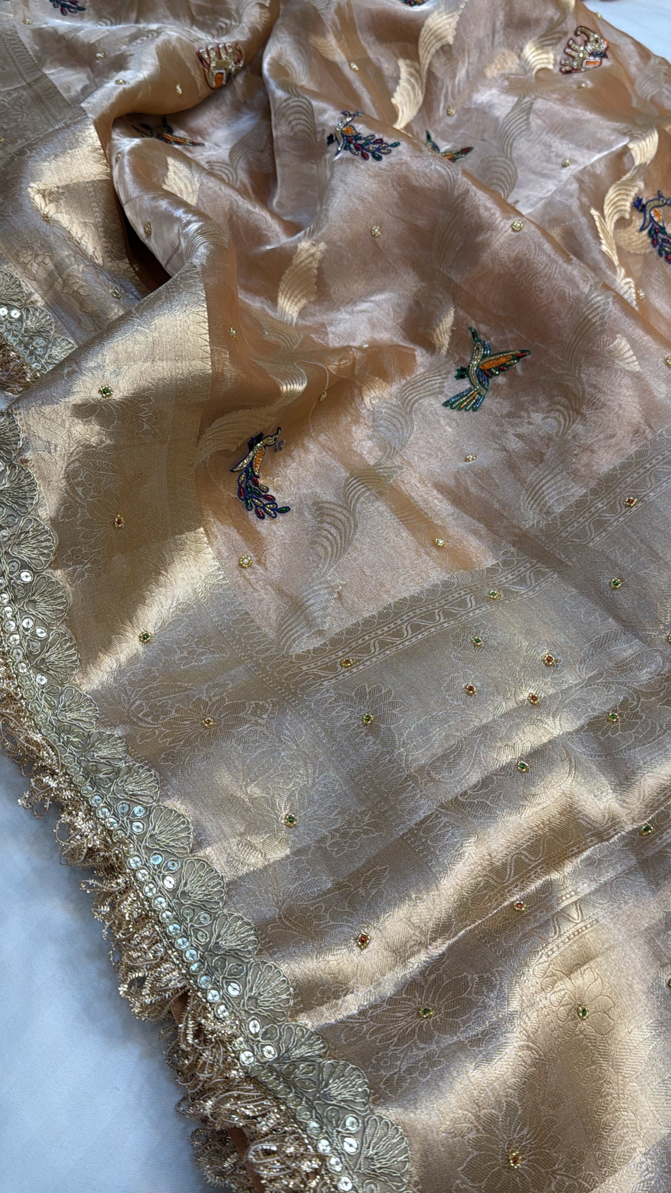 Tussar gold tissue silk hand embroidered kadhwa hand embroidered saree