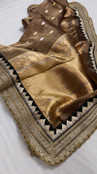 Maharani kanjivaram chocolate brown tissue silk kadhwa buti saree