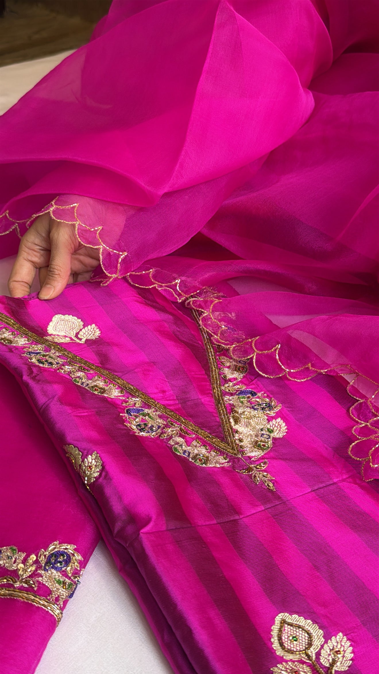 Hot pink-fuschia pink dhup chao effect katan silk striped kurta paired with Kora silk scalloped duppata set