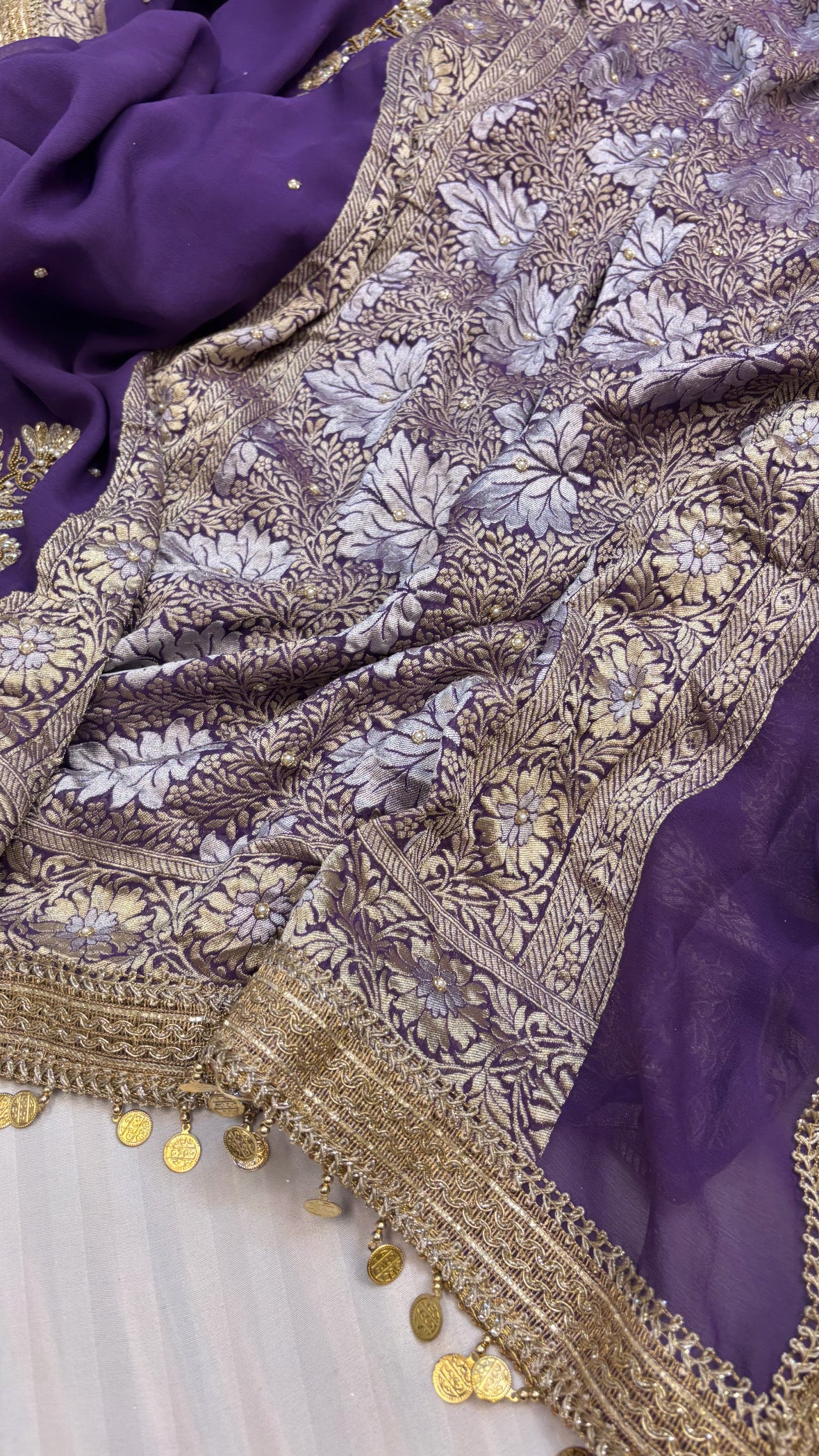 Midnight deep lavender heer gorgette hand embroidered saree