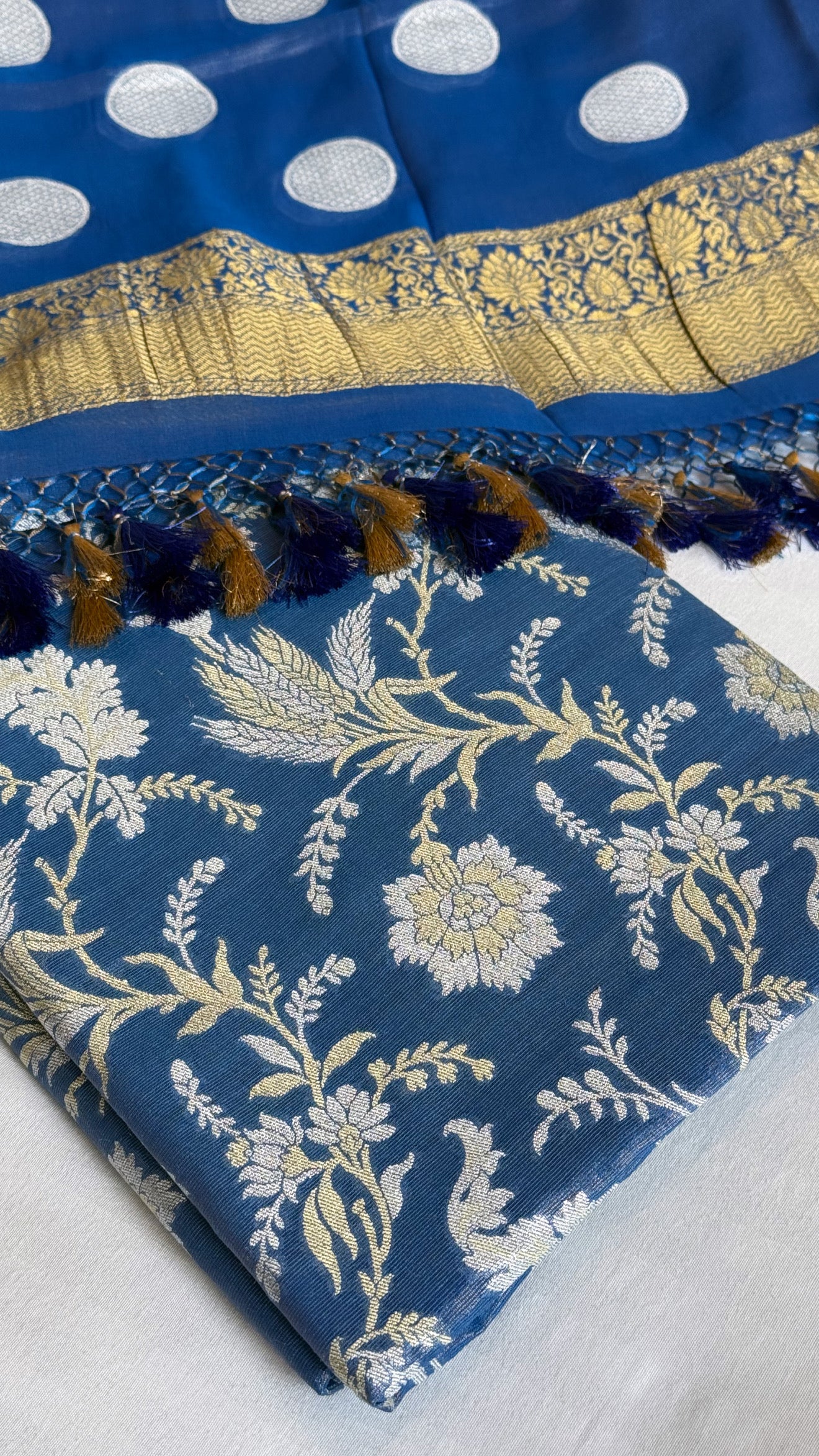 Electric blue tissue gorgette kadhwa jungla Sona Rupa banarasi suit set