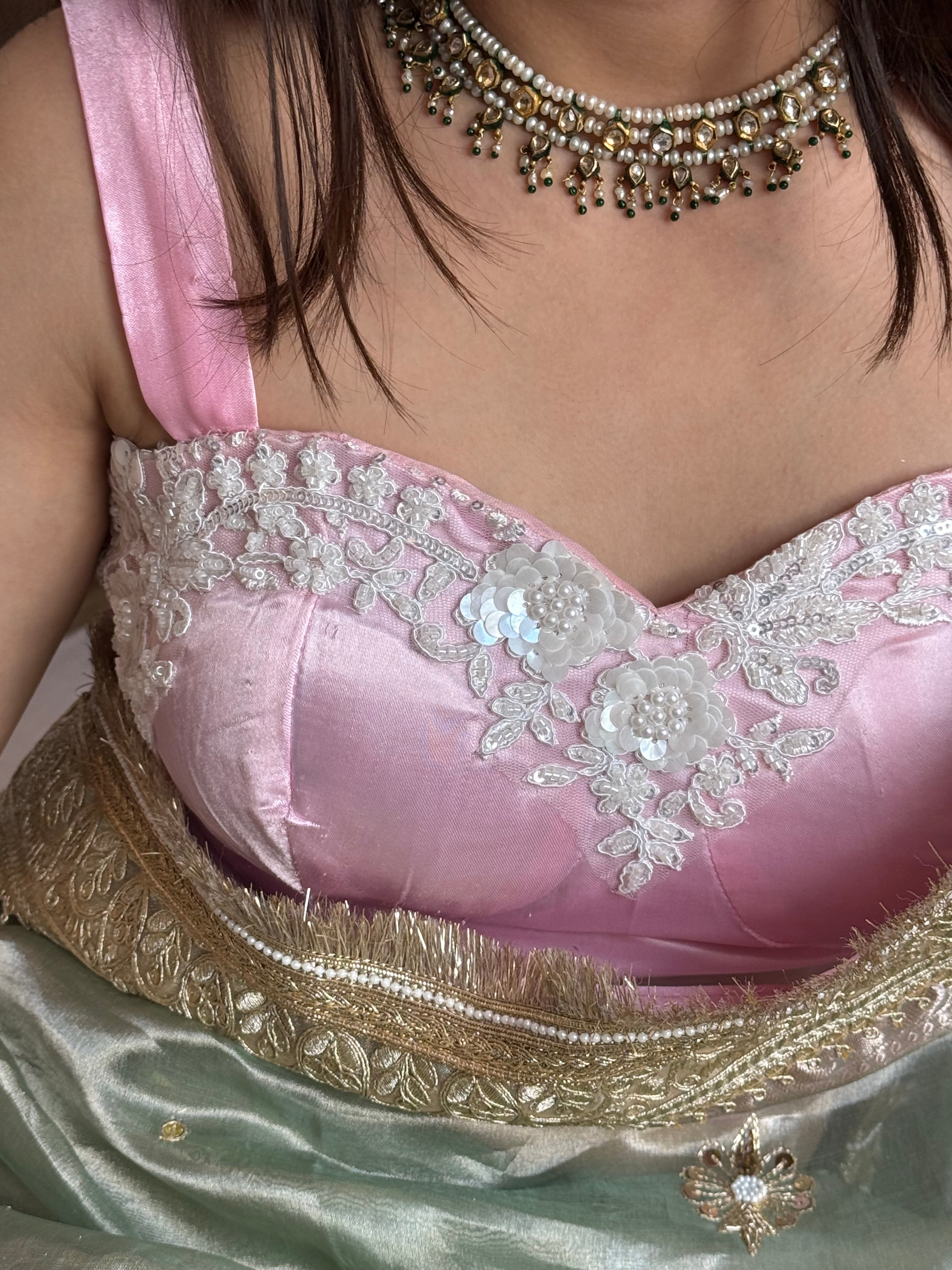 Satin blush pink pearl hand embroidered stitched blouse piece ( SIZE - 36 )