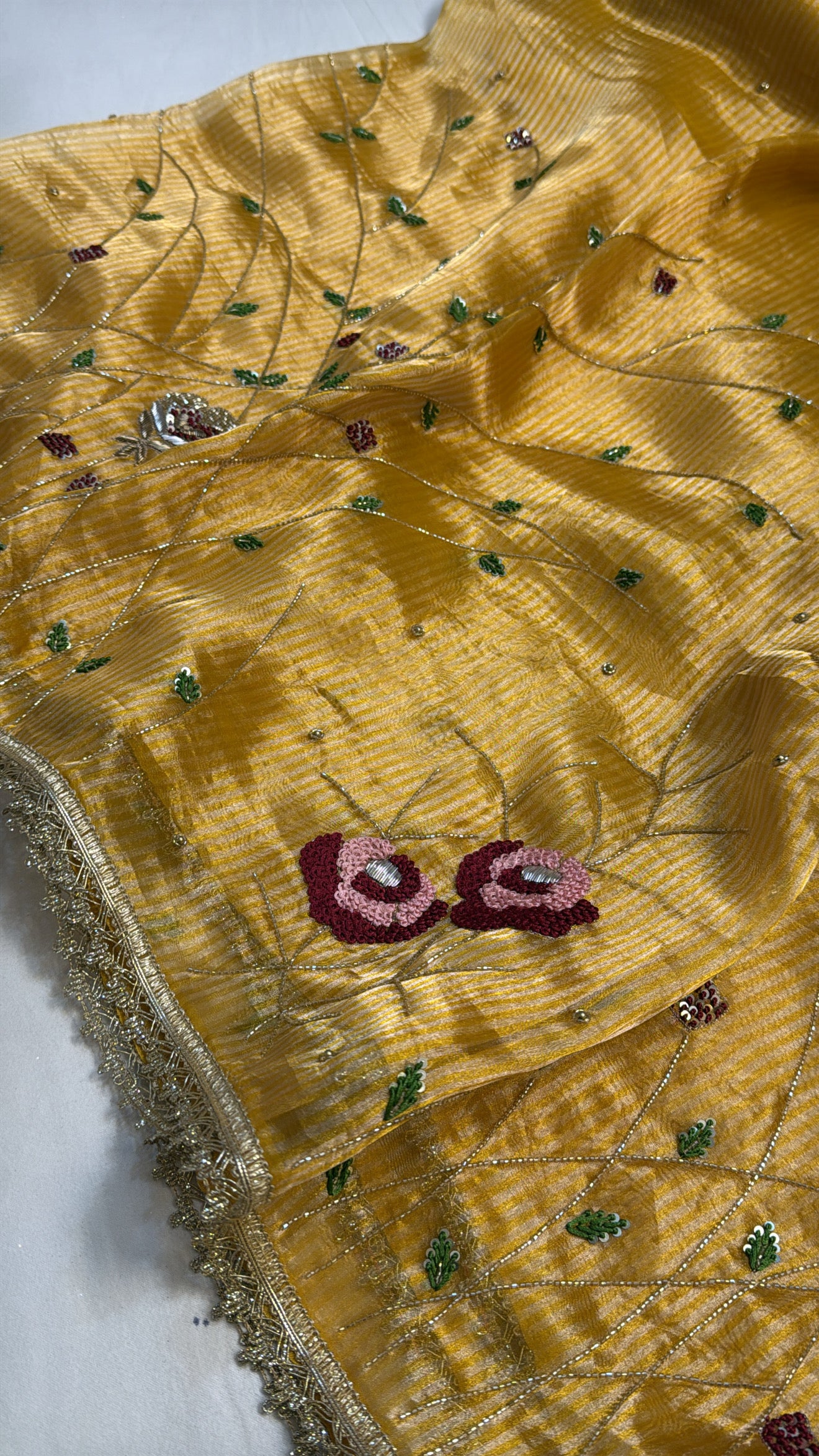 Maharani turmeric yellow tissue silk heavy meenakari hand embroidered saree