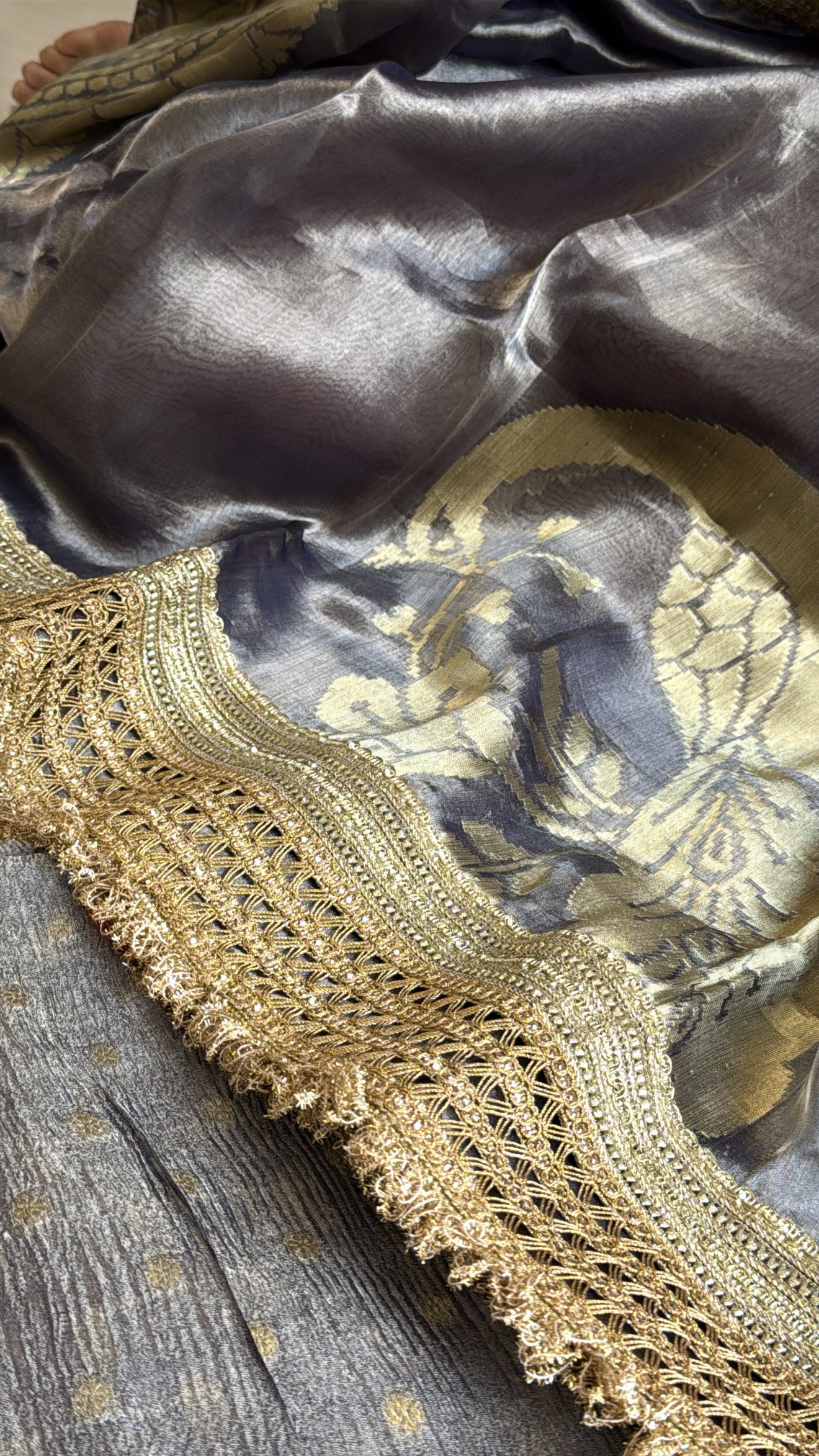 Steel grey crushed tissue silk kadhwa banarasi suit set