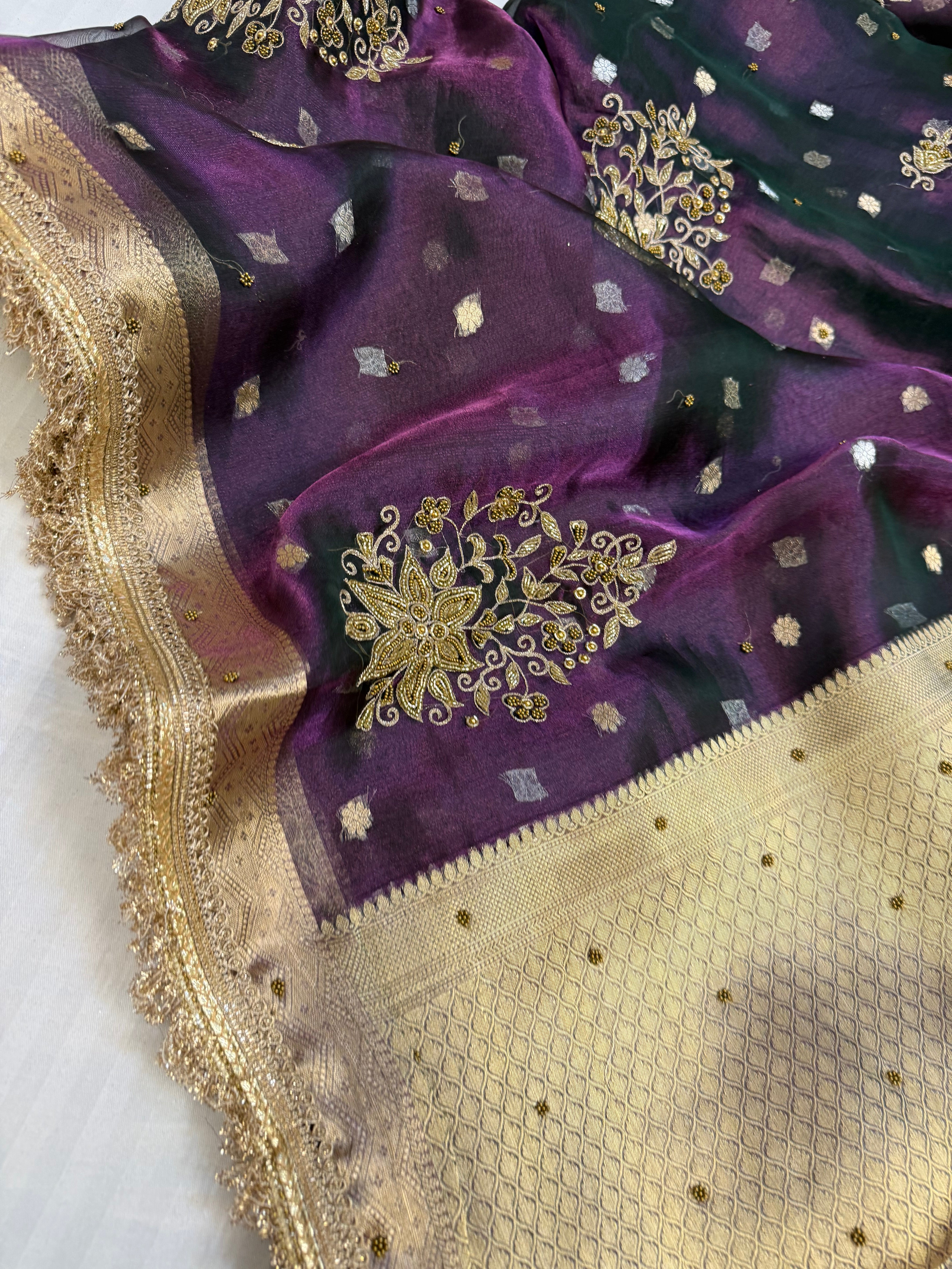 Cocktail edit sarees - brinjal purple tissue silk heavy hand embroidered saree