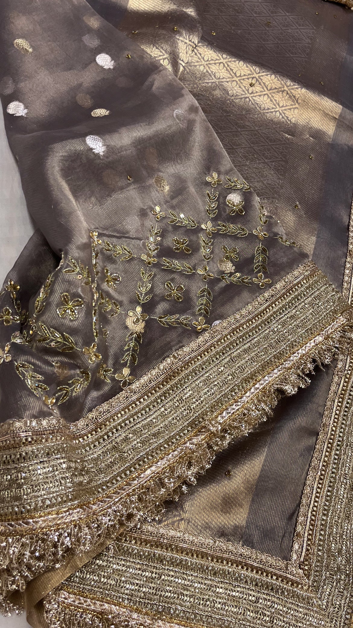 Husn chrome grey kota tissue silk hand embroidered saree