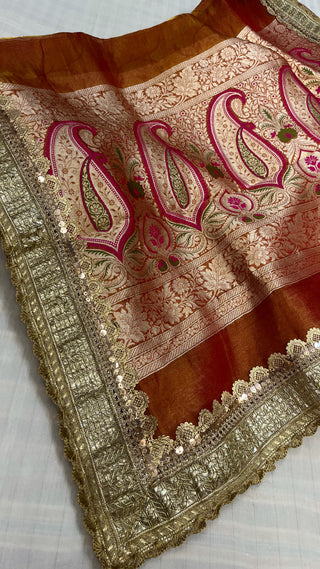 Maharani burnt orange tissue tanchoi jamevar meenakari saree