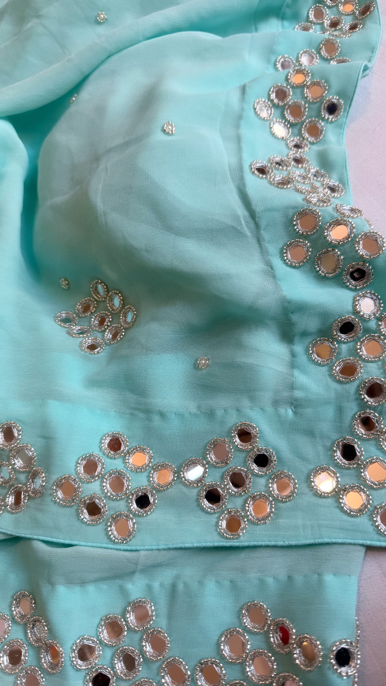 Mother’s Day offer - Blush blue chiffon gorgette mirrorwork hand embroidered sarees