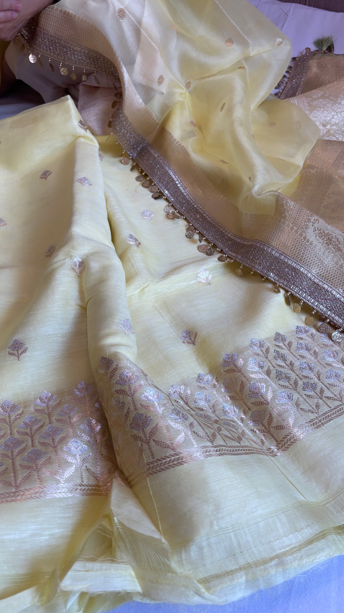 Soft lime linen gorgette kurta paired with kora silk hand woven duppata sets