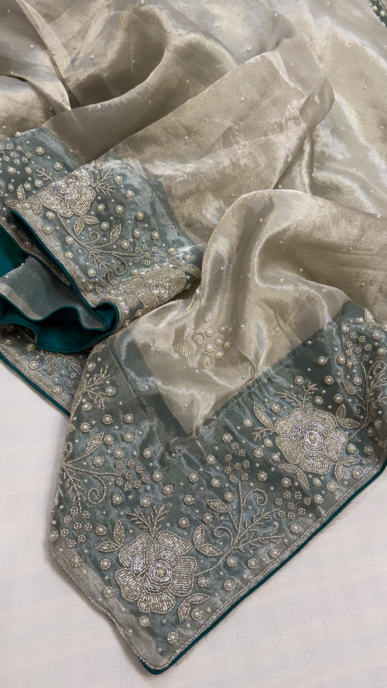 Heere aur moti edit - Ivory diamond tissue silk pearl work heavy hand embroidered saree