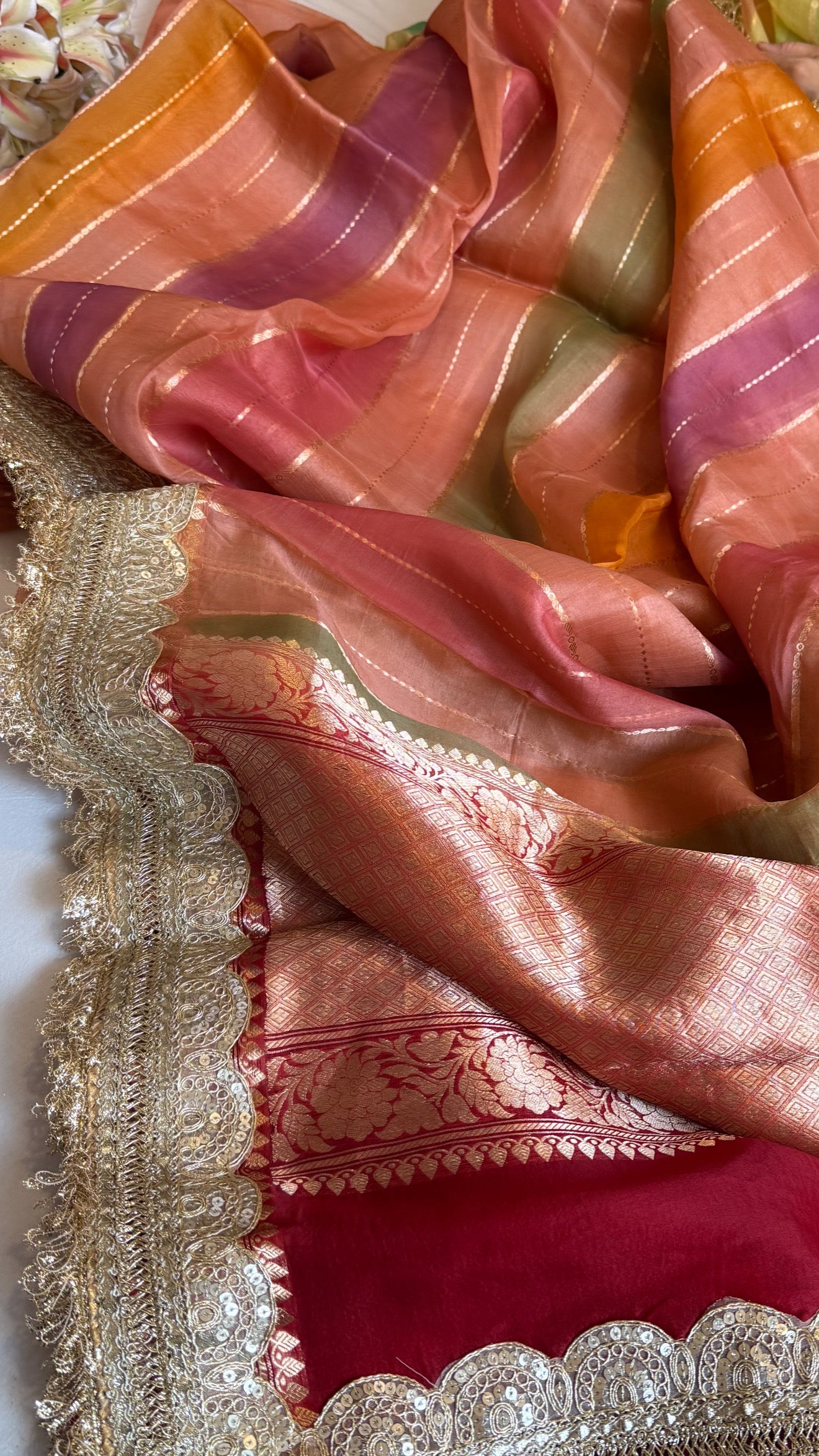 Rangeela kora silk rangkaat dye striped kadhwa weaving banarasi saree