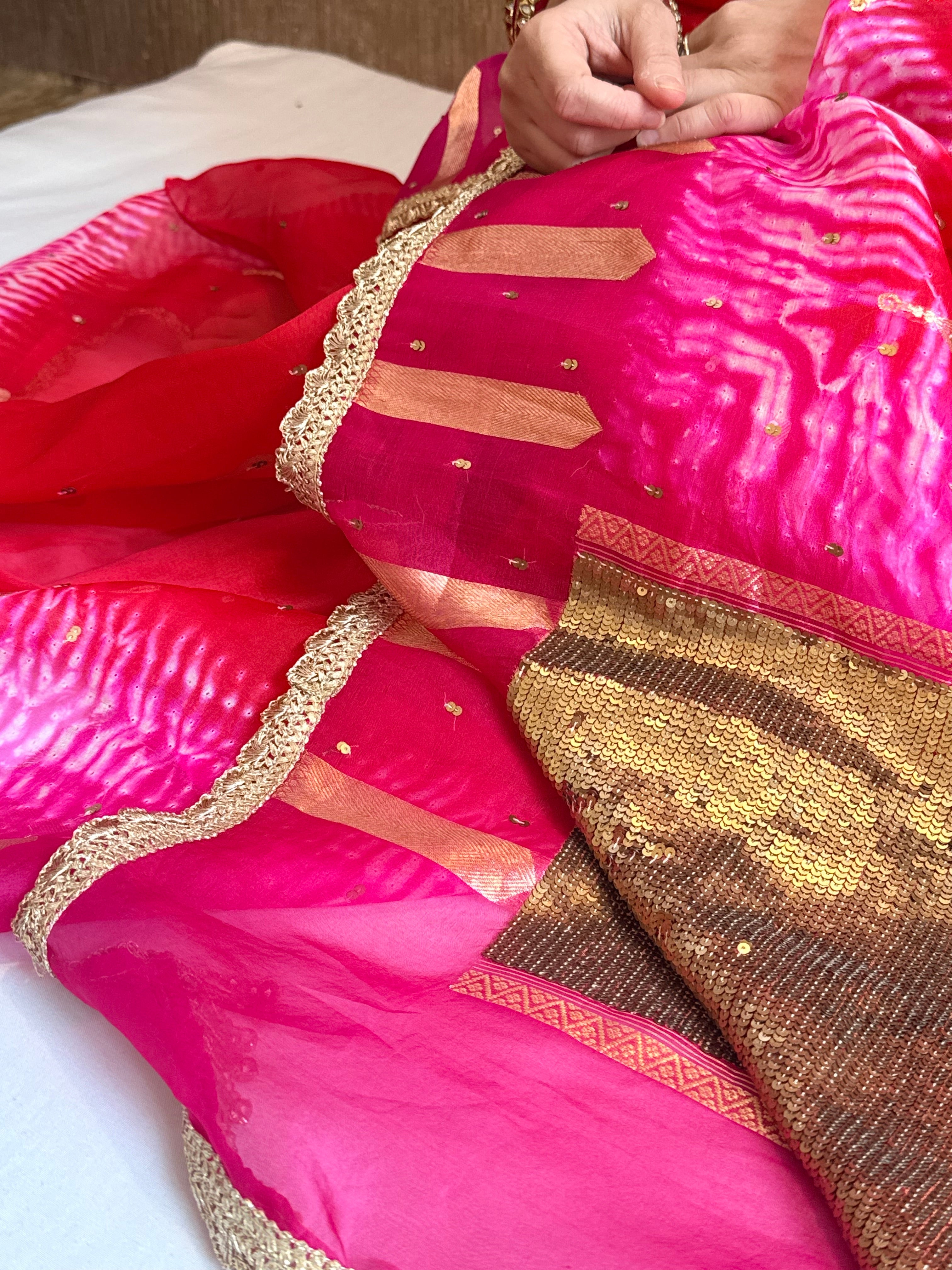 Shibori dye kora silk salma sitara work hand embroidered sequins saree