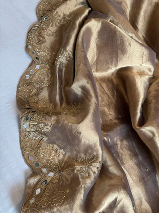 Husn mouse greyish-golden tissue silk heavy hand embroidered saree