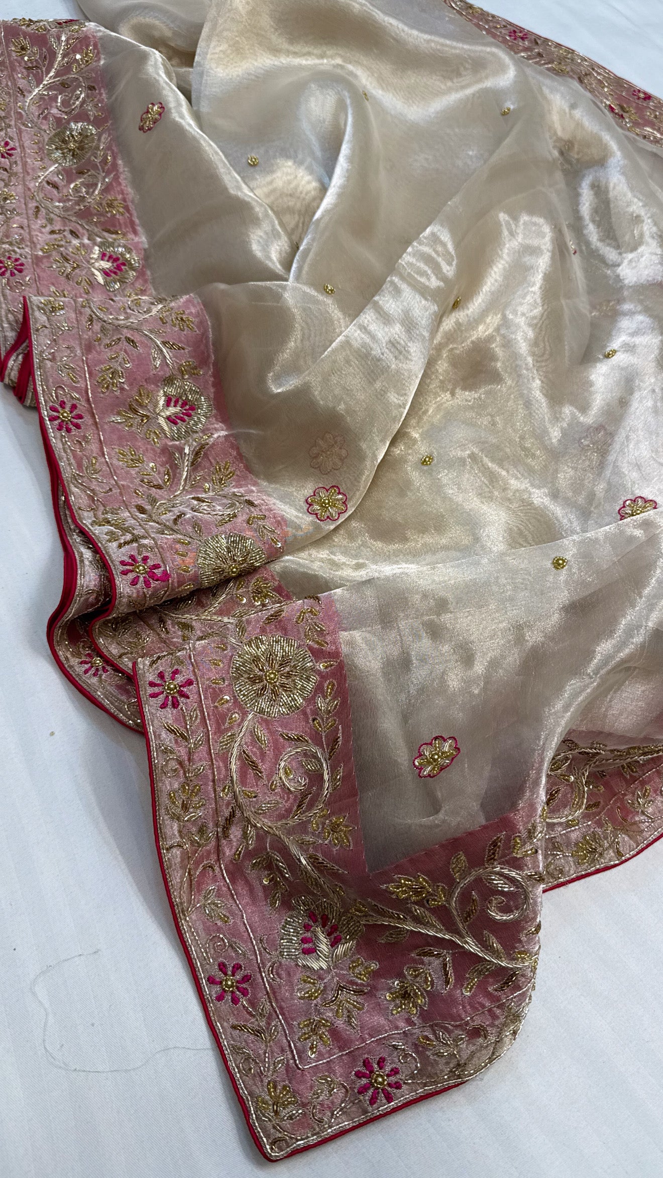 Gulab ki pankhuri husn tissue silk heavy zardozi hand embroidered border saree