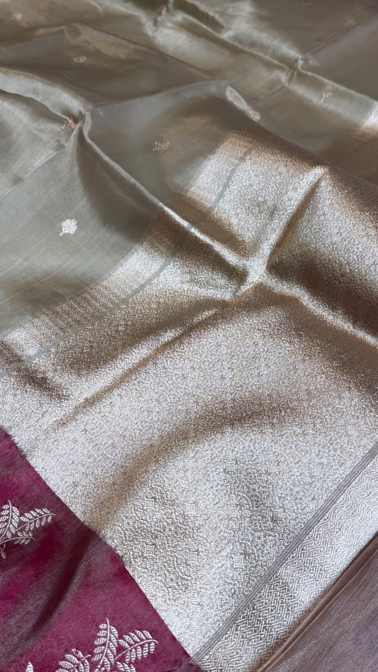 Katan tissue silver zari kadhwa buti saree with contrast border and blouse piece