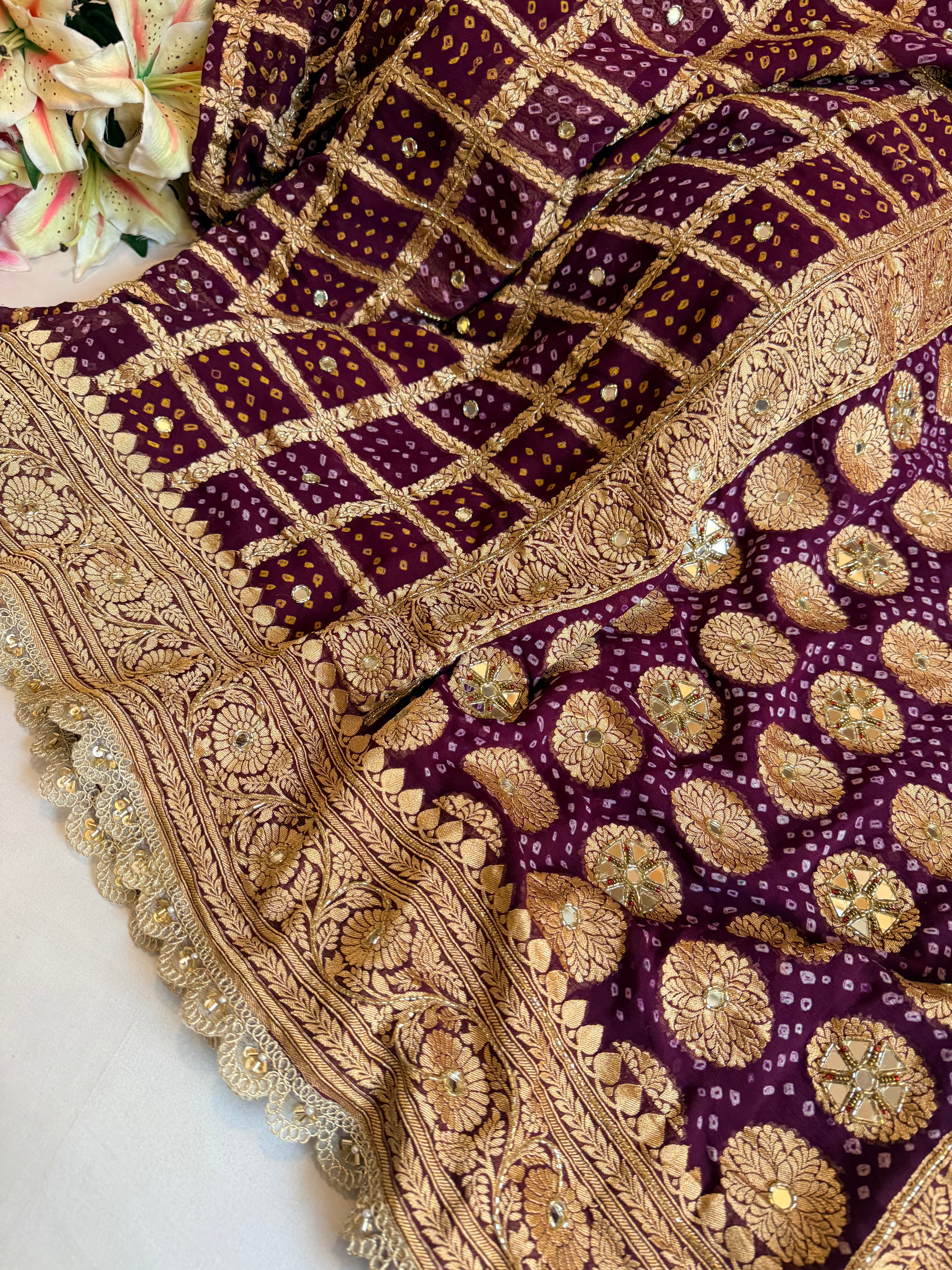 Bandhej saree ka sandook - brinjal purple shaded chiffon gorgette banarasi bandhej saree