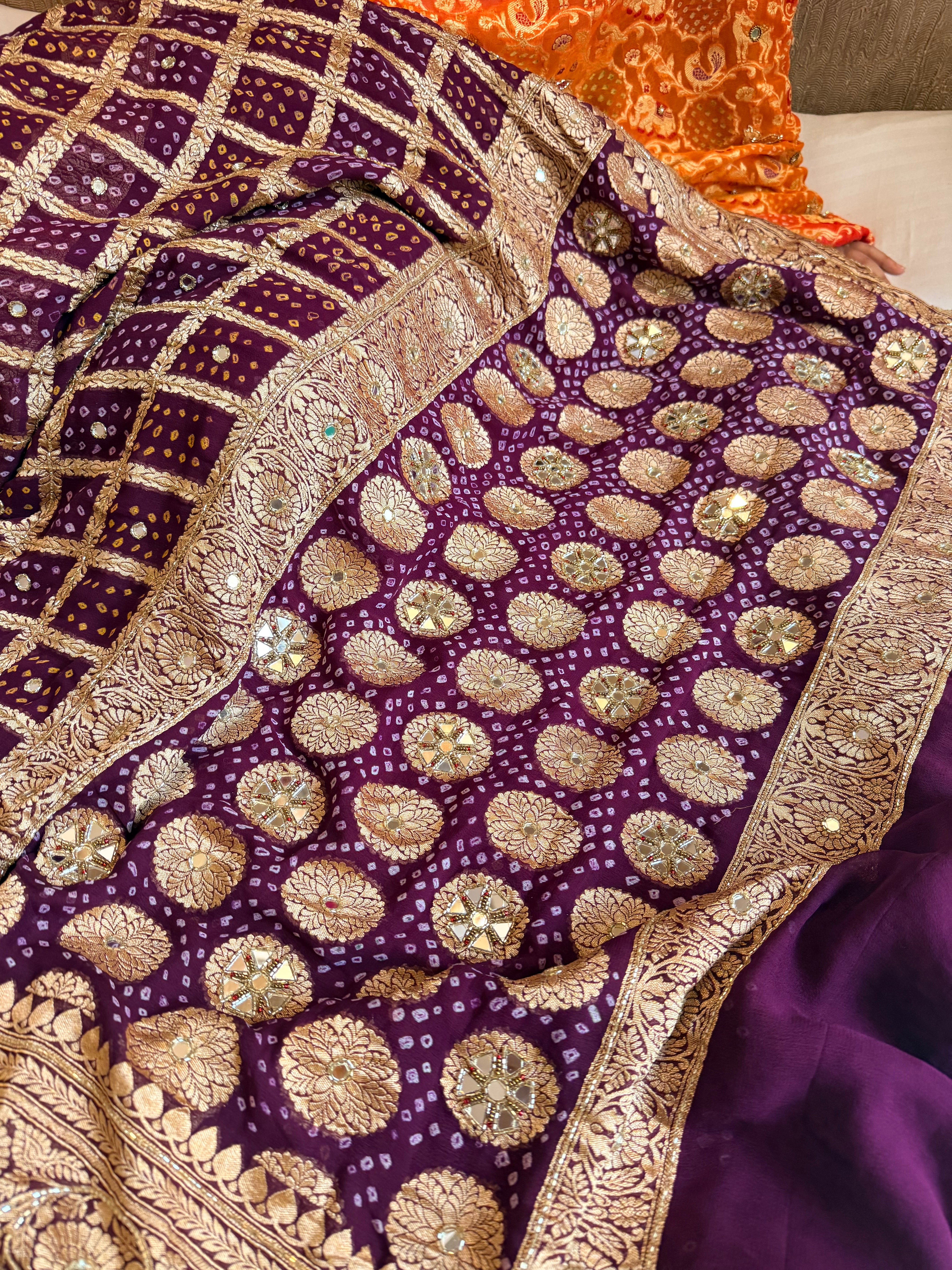 Bandhej saree ka sandook - brinjal purple shaded chiffon gorgette banarasi bandhej saree