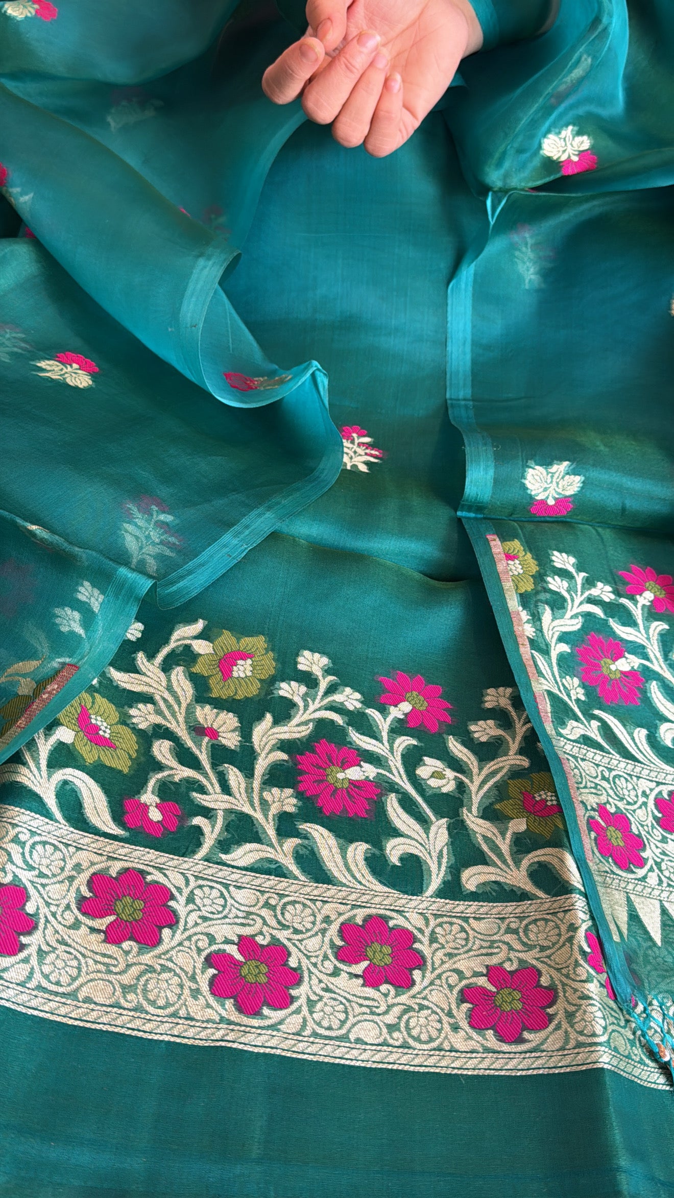 Emerald green dhup chao effect tissue silk meenakari kadhwa suit set