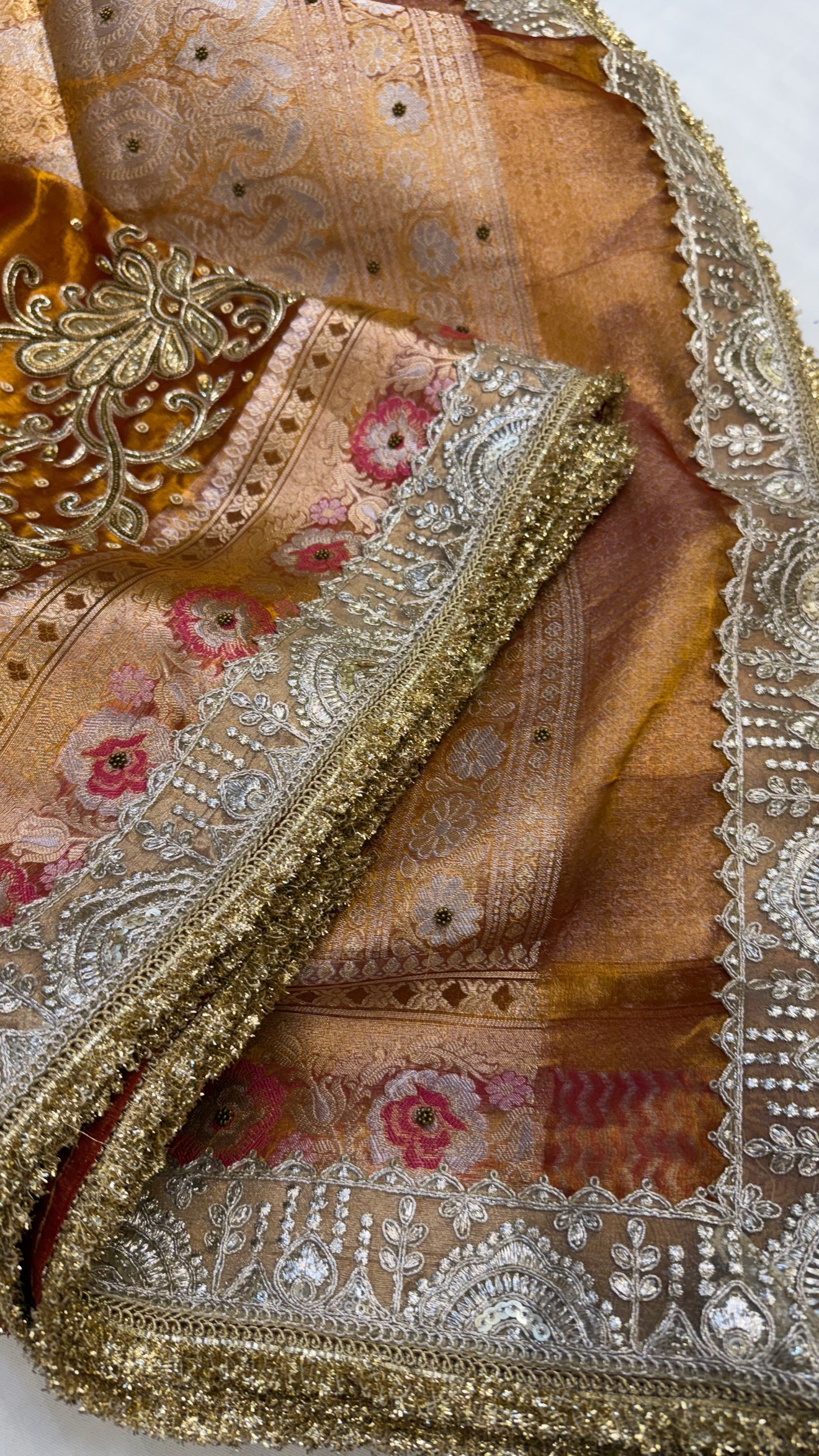 Cocktail wali saree - Kanjivaram orange tissue silk hand embroidered saree