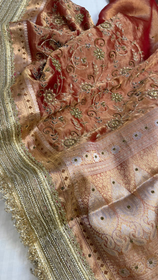 Cocktail edit sarees - Tangerine red tissue silk heavy hand embroidered saree