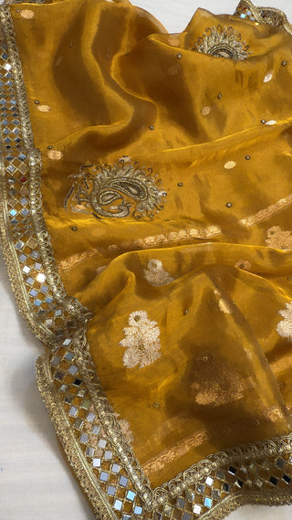 Dulhan wali saree - Olive mustard gold tissue silk hand embroidered saree