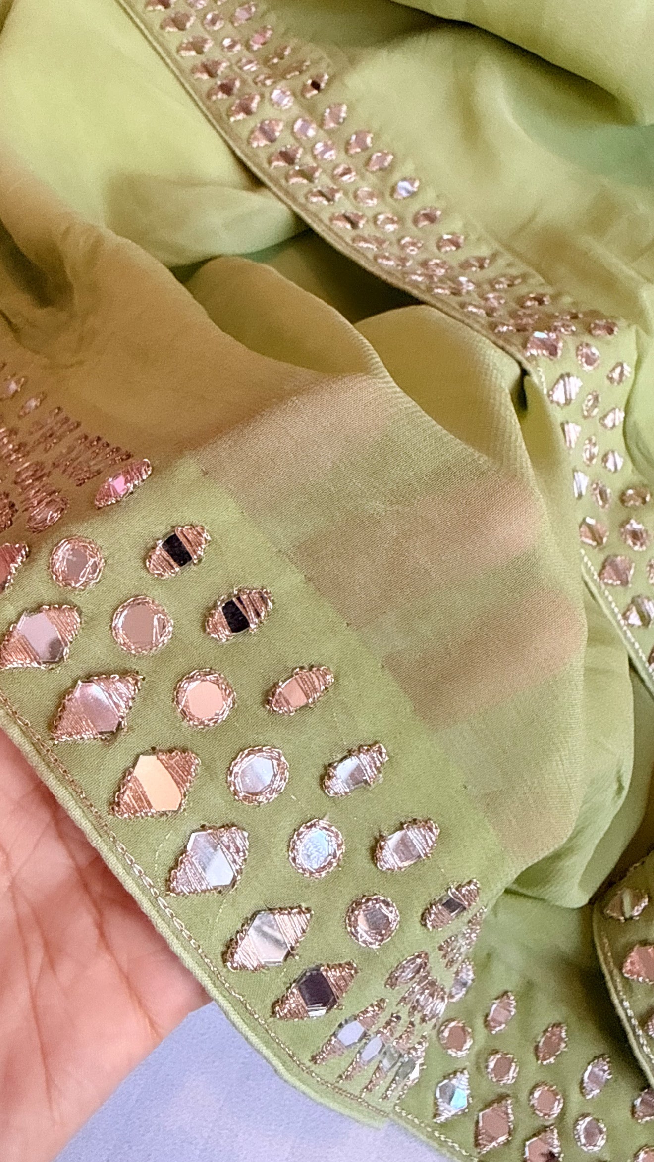 Mother’s Day offer - Candy green chiffon gorgette mirrorwork hand embroidered sarees