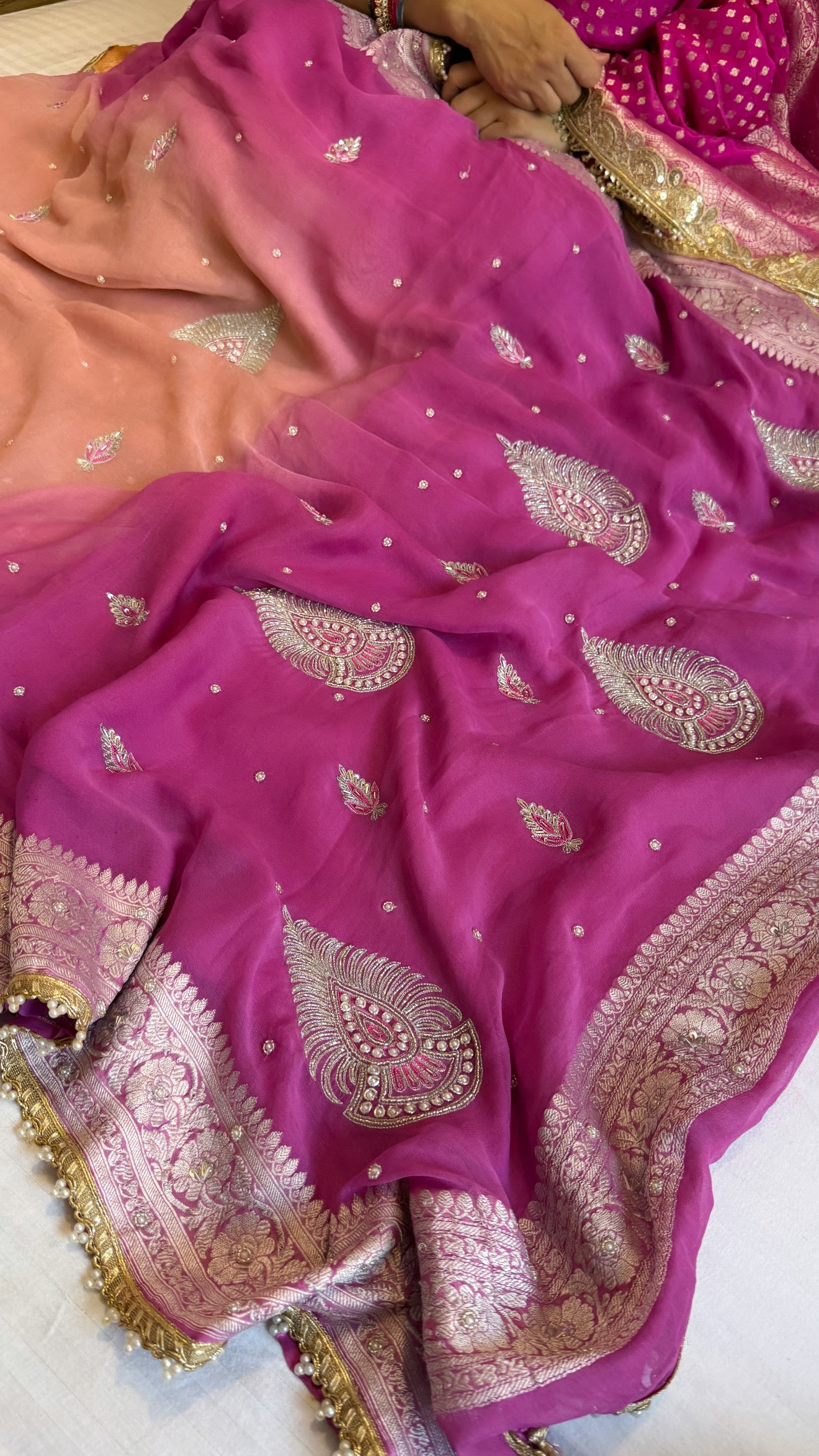 Paro banarasi chiffon gorgette hand embroidered kadhwa saree