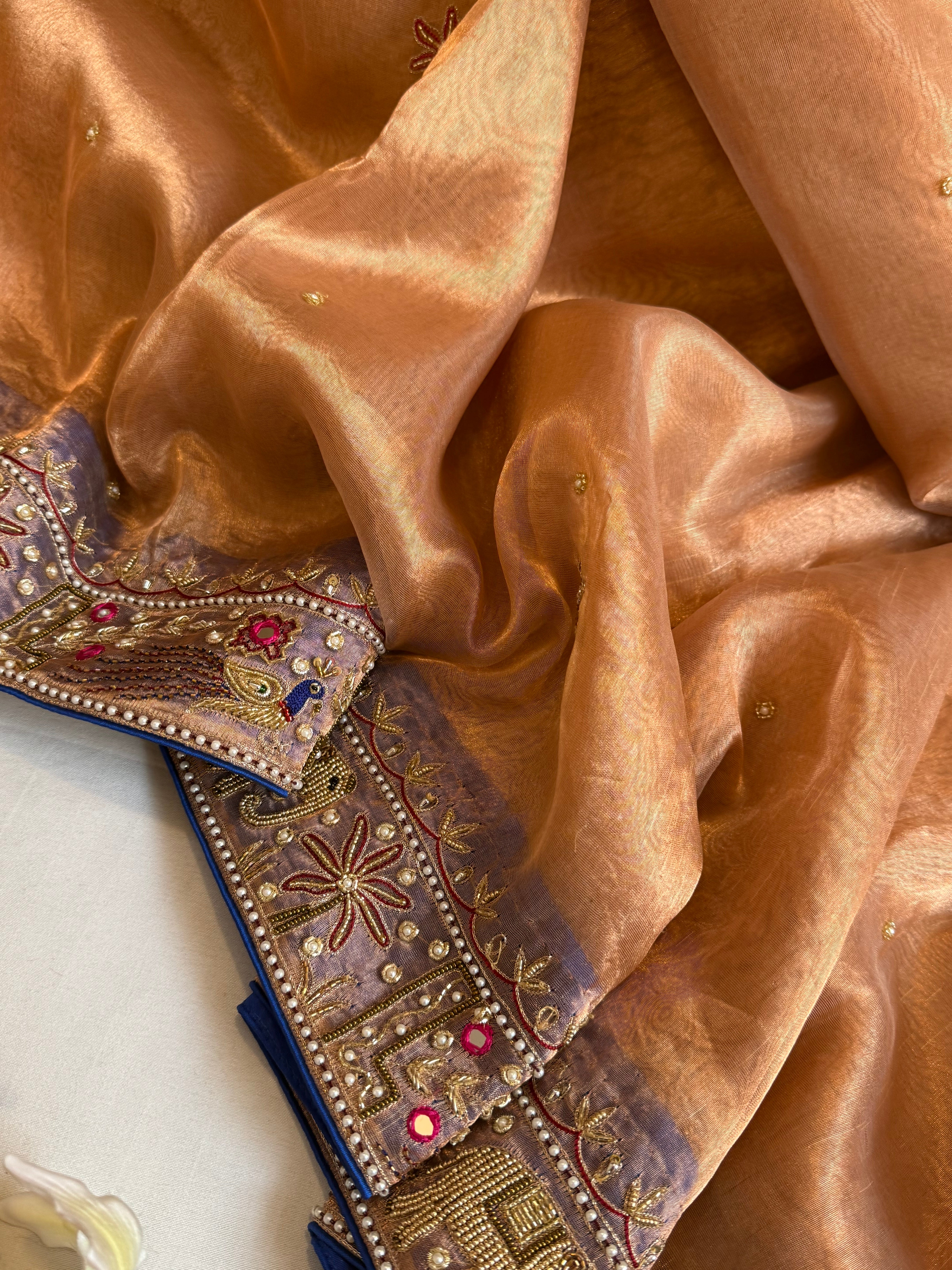 Sheeshmahal shikargah edit - Rose gold tissue silk hand embroidered elephant motif border kadhwa saree