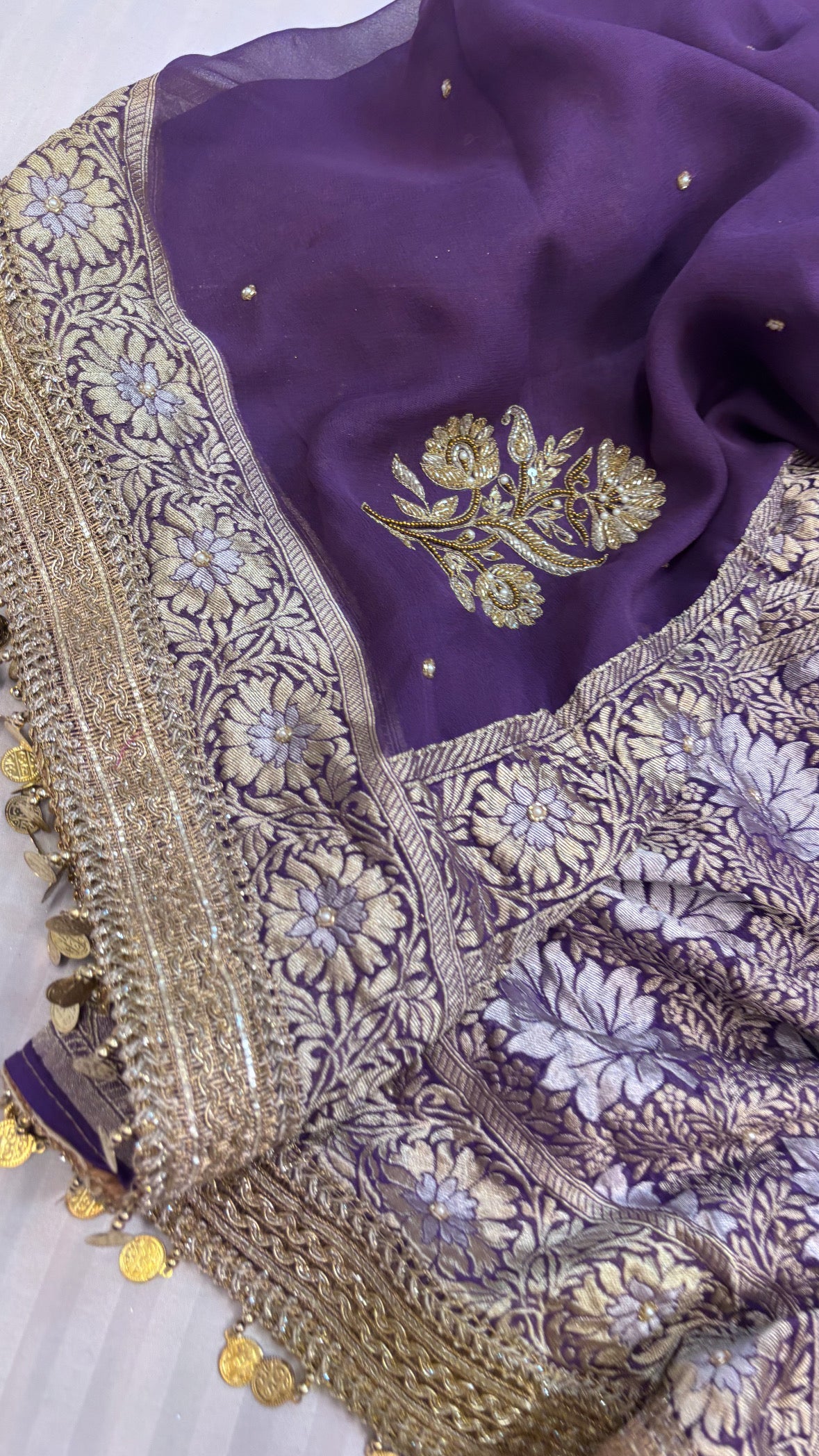 Midnight deep lavender heer gorgette hand embroidered saree