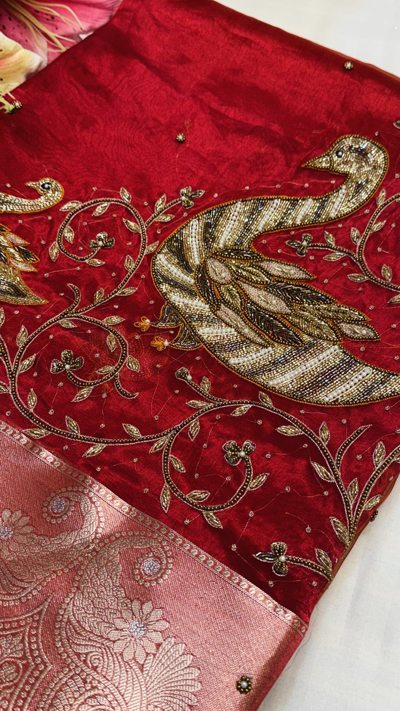 Karwachauth special - Red orange ombre shaded tissue silk duck motif hand embroidered saree