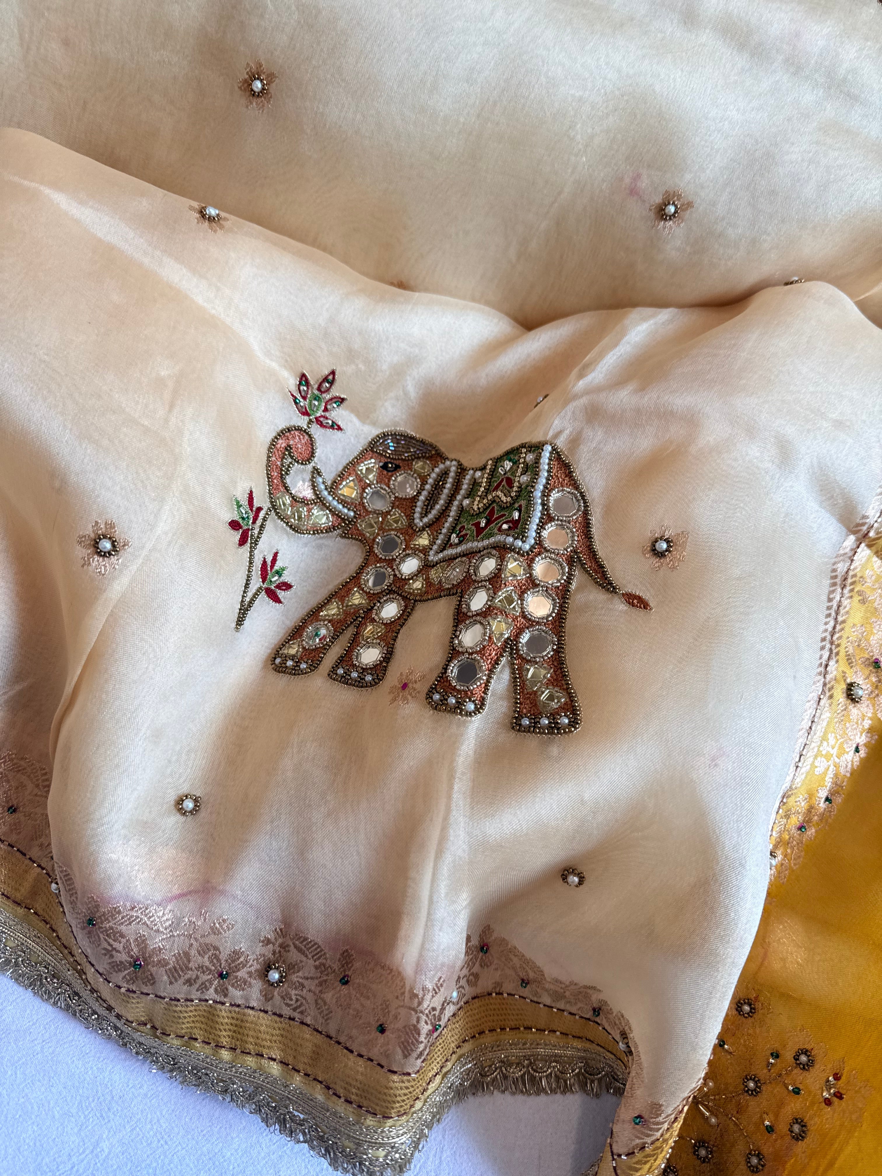 Tyohaar edit - Chap dye kora silk elephant motif hand embroidered saree