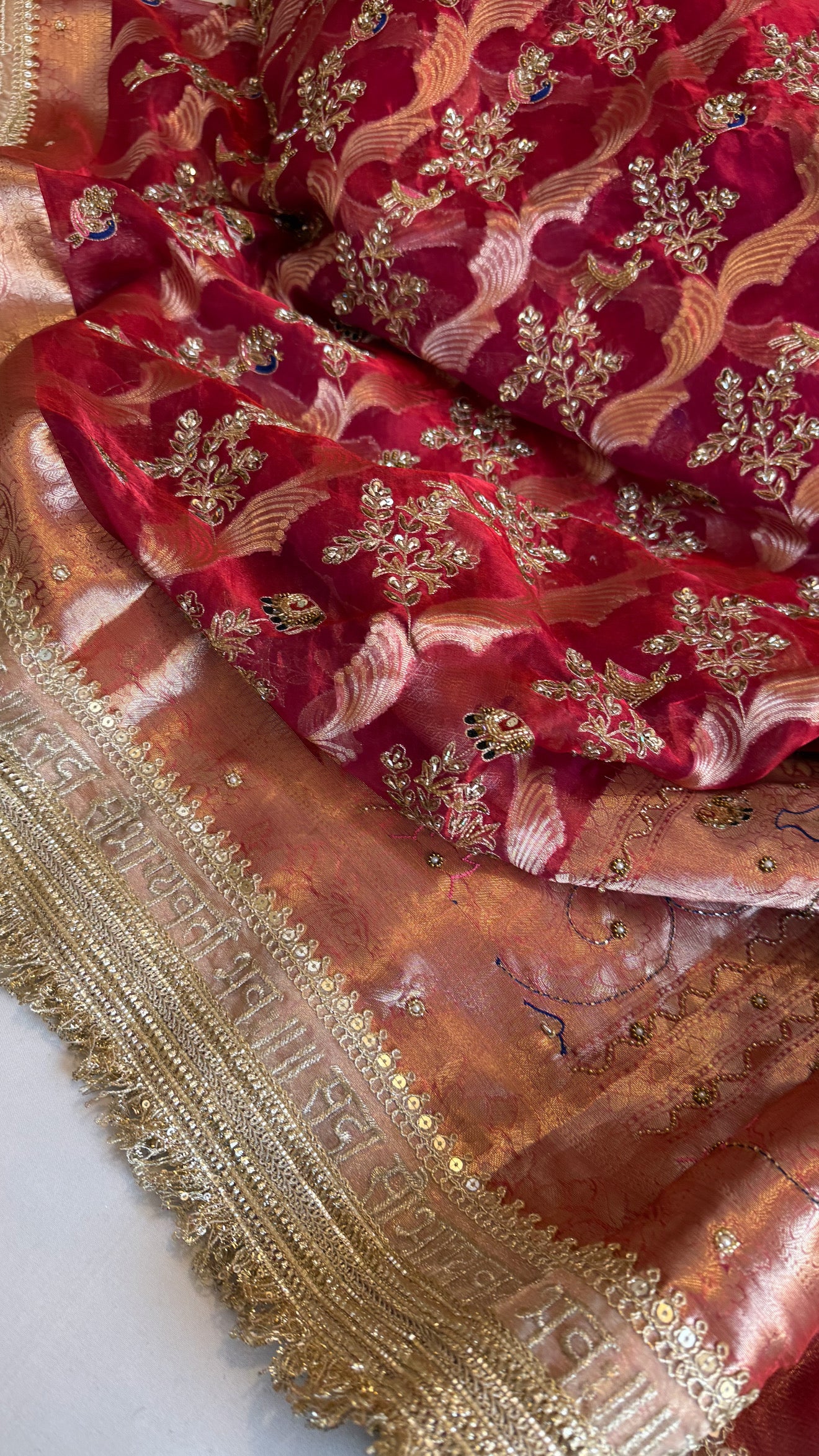 Nayi suhagan edit - Cranberry blood red tissue silk zardozi and marodi work hand embroidered jaal work saree