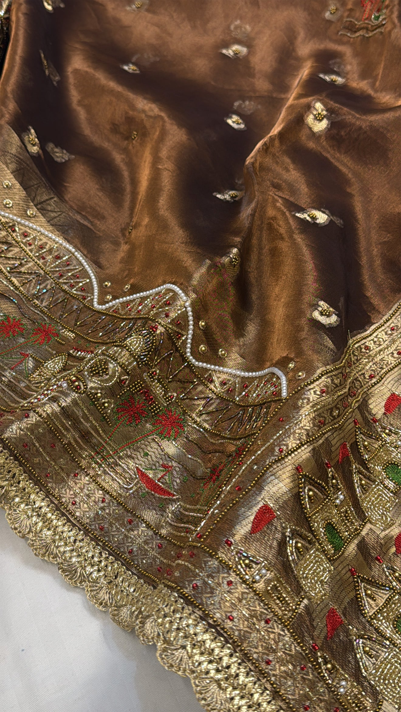 Gangakinare chocolate brown hand embroidered edit tissue silk saree