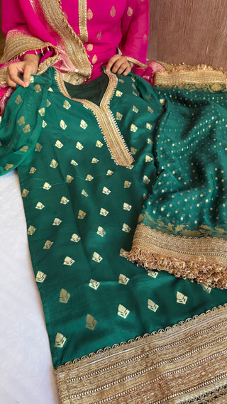 Pakistani drama inspired bottle green semi-stitched banarasi gorgette kadhwa gotapatti suit set