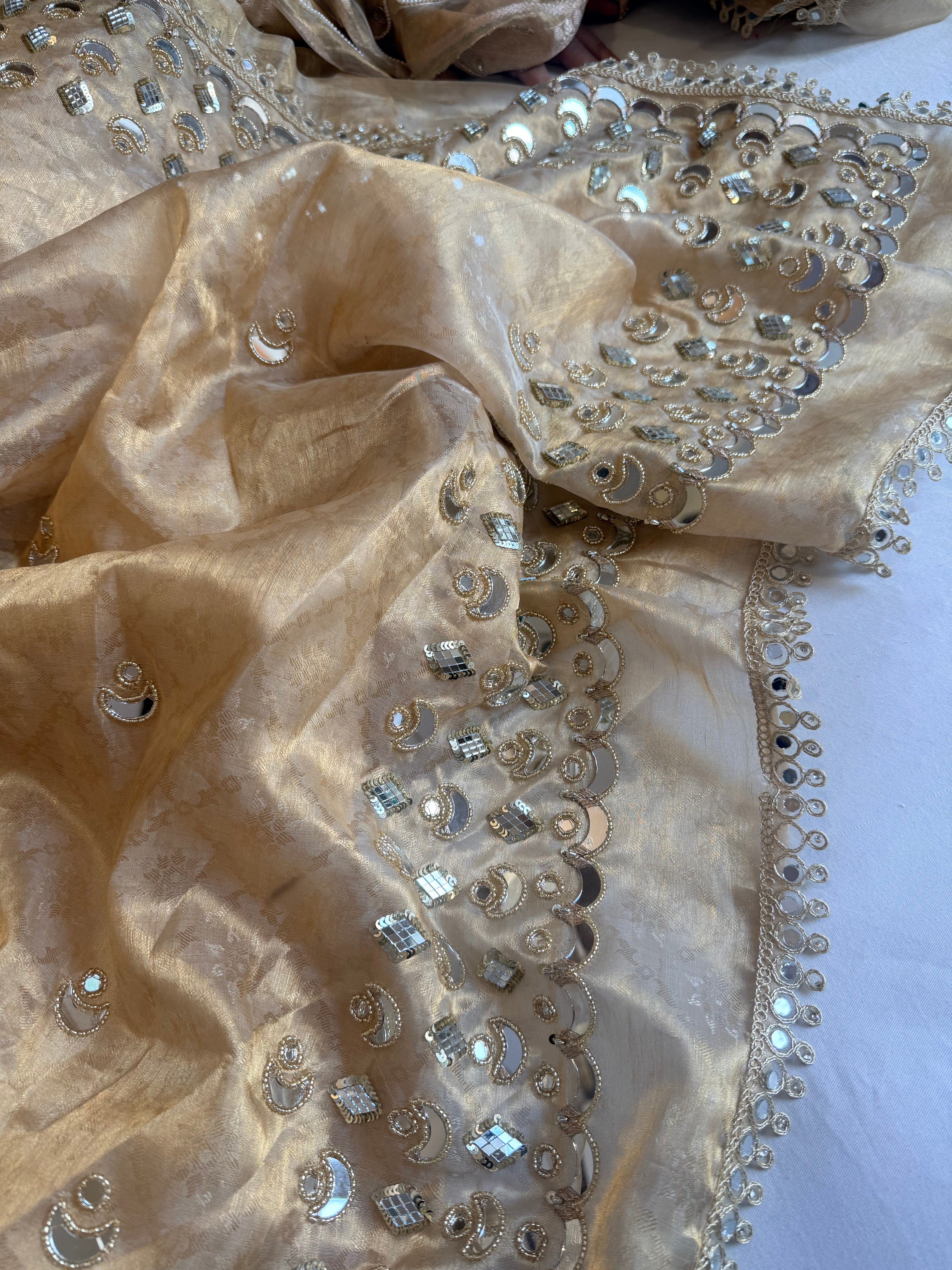 Butter gold tissue silk mirror work hand embroidered kadhwa saree