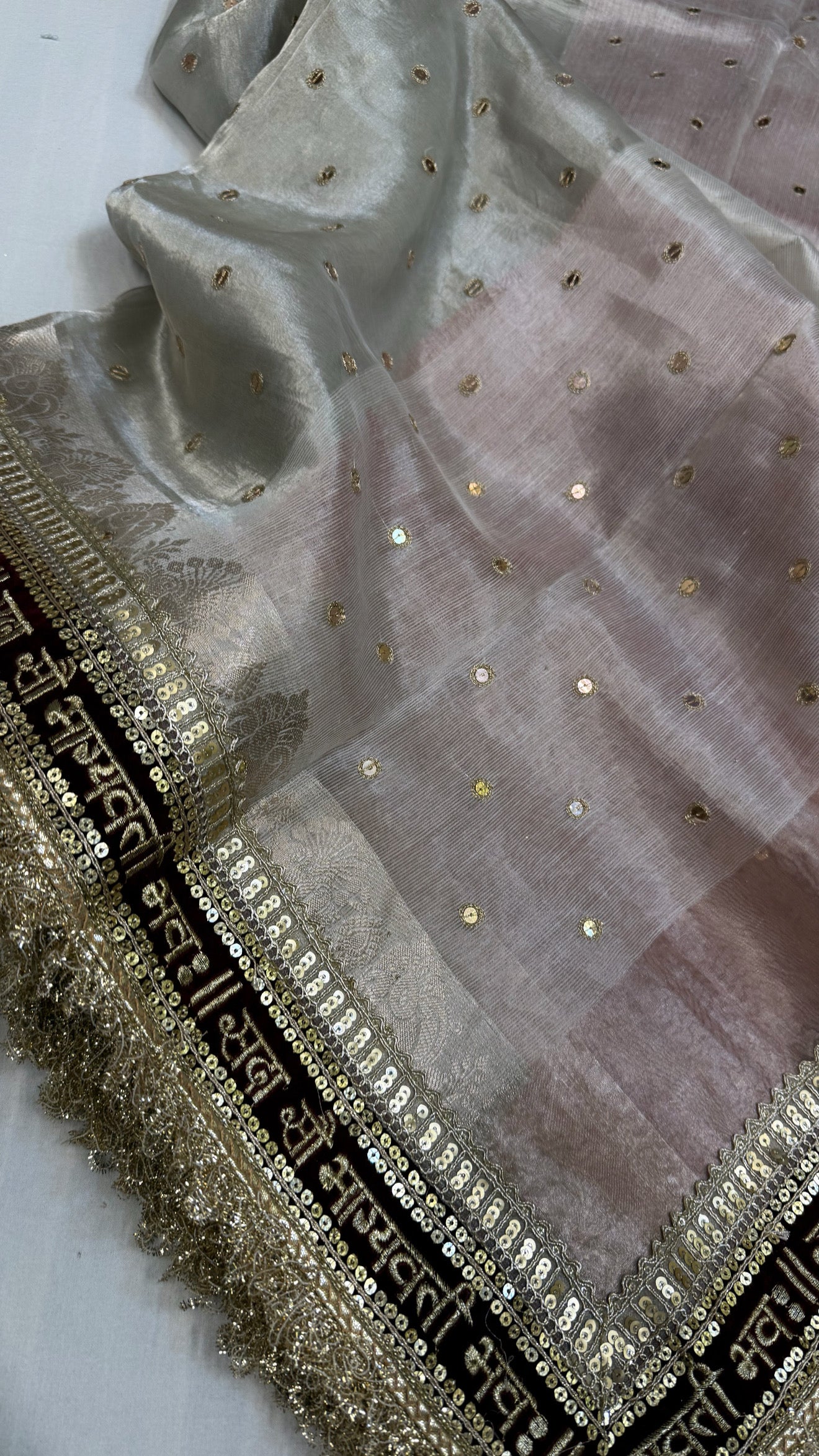 Diamond tissue silk chunri buti hand embroidered panetar saree