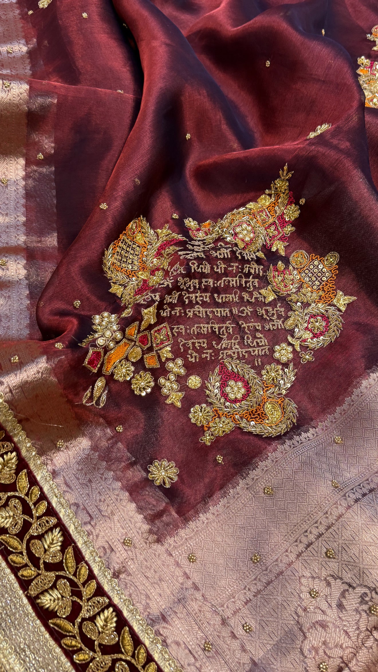 Phere wali saree - Metallic plum tissue silk “Gayatri mantra “ hand embroidered saree