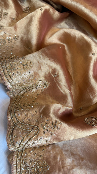 Husn onion peach tissue silk heavy hand embroidered saree